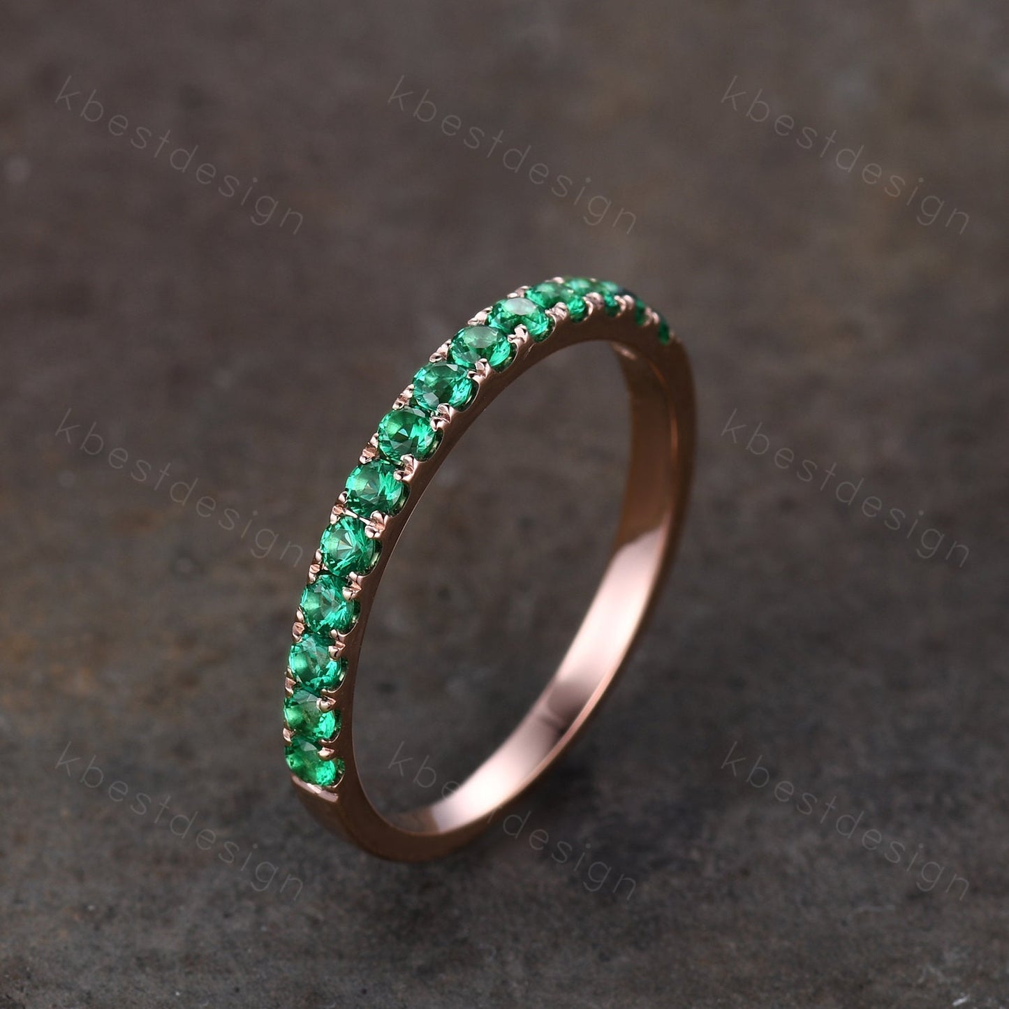 Half Eternity Emerald Wedding Band Rose Gold Band for Women 2mm Emerald Stacking Band May Birthstone Ring Anniversary Ring Promise Gift