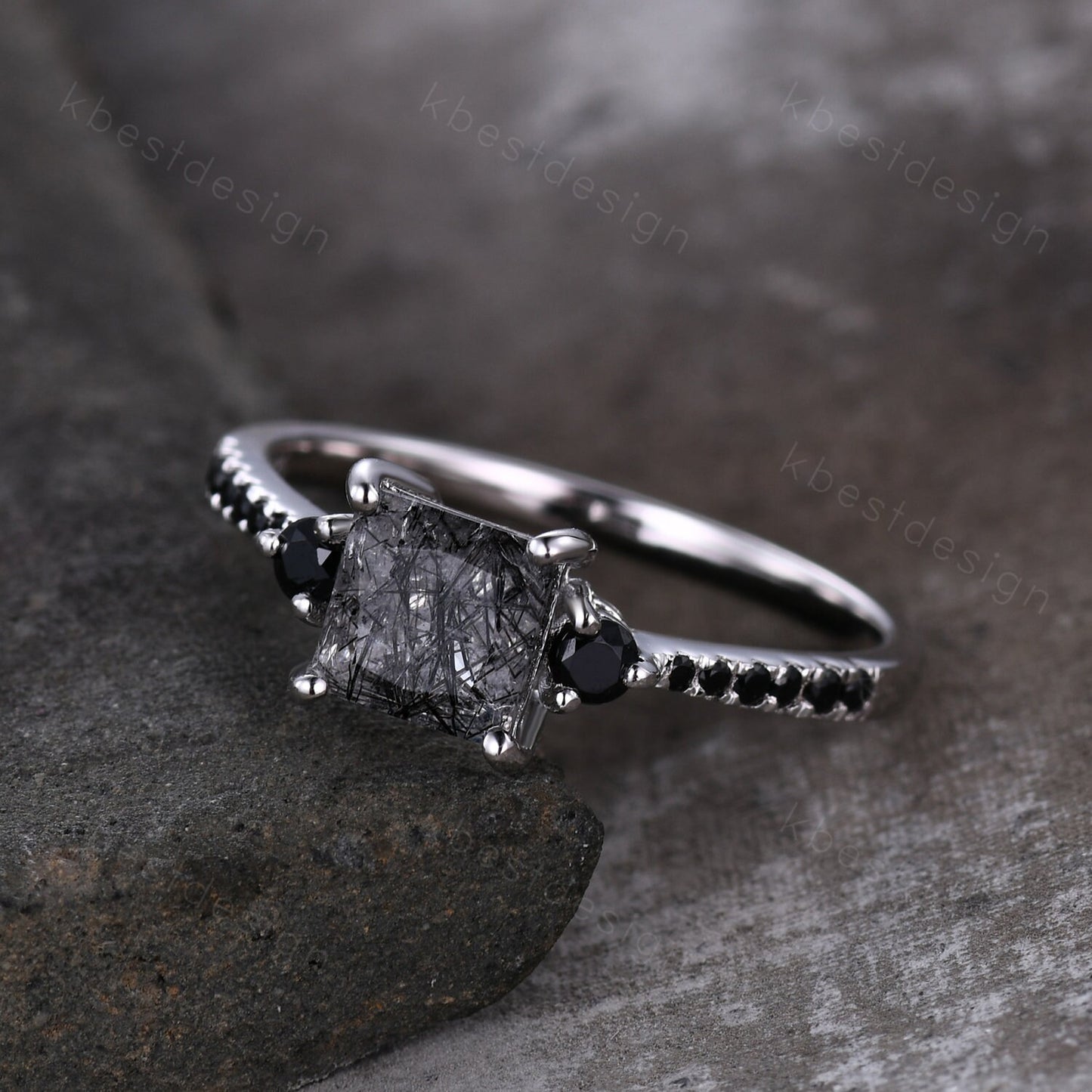Princess Cut Natural Black Rutilated Quartz Engagement Ring Unique Black Spinel Ring Sterling Silver Ring Three stone ring Promise Ring