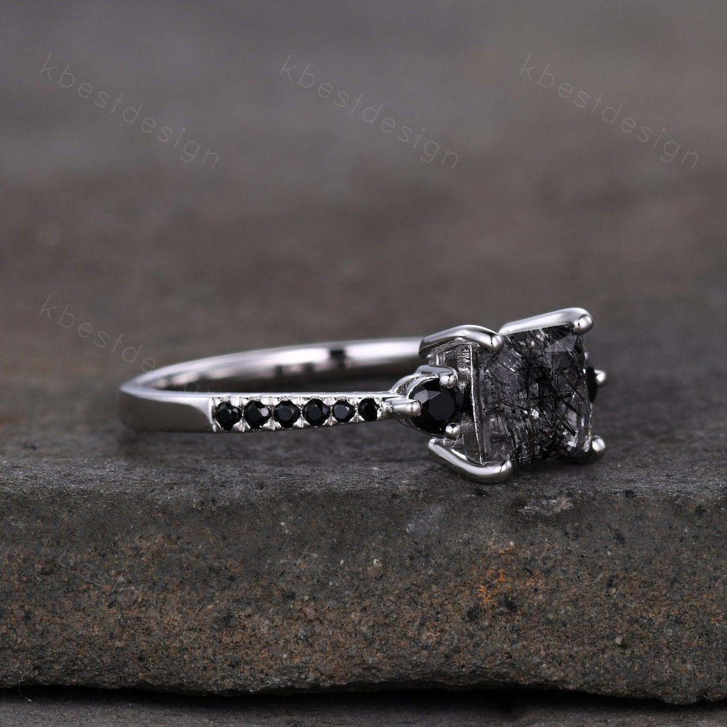 Princess Cut Natural Black Rutilated Quartz Engagement Ring Unique Black Spinel Ring Sterling Silver Ring Three stone ring Promise Ring