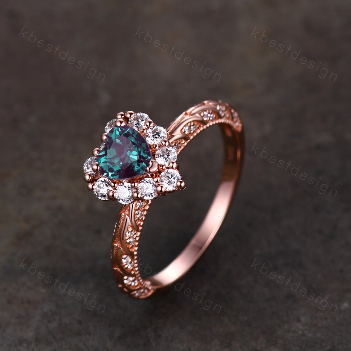 Antique Alexandrite Engagement Ring Rose Gold Heart Shaped Ring Unique Halo Moissanite Ring Art Deco Promise Ring June Birthstone Ring