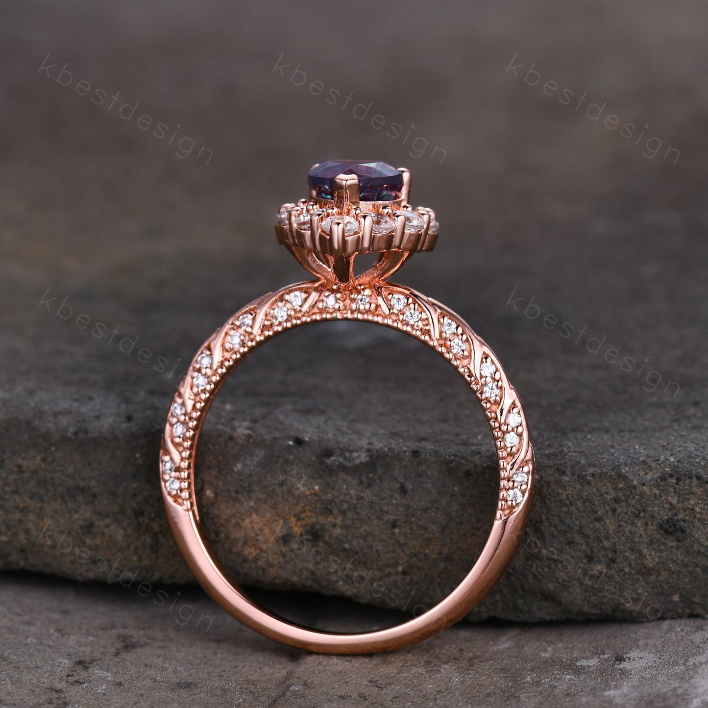 Antique Alexandrite Engagement Ring Rose Gold Heart Shaped Ring Unique Halo Moissanite Ring Art Deco Promise Ring June Birthstone Ring