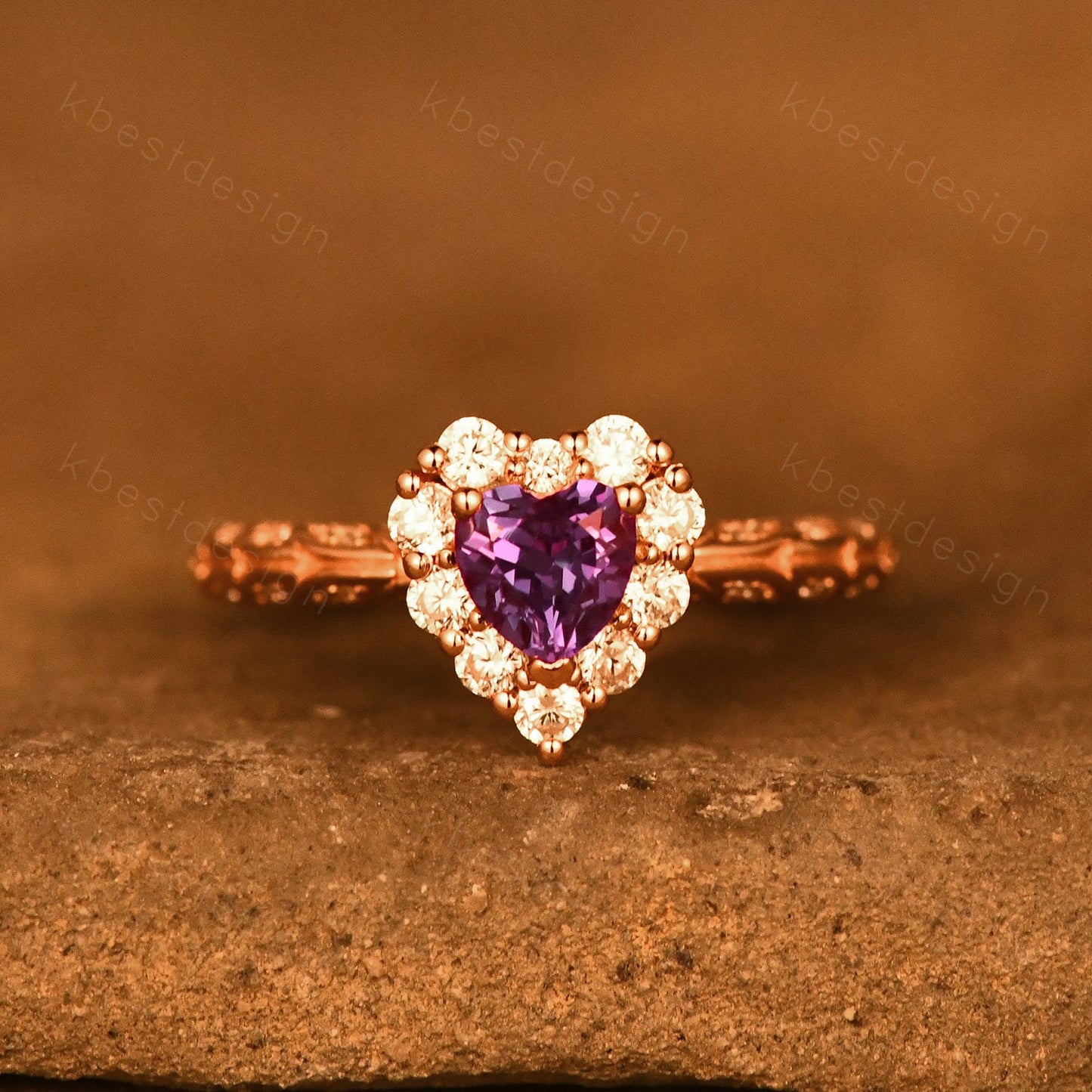 Antique Alexandrite Engagement Ring Rose Gold Heart Shaped Ring Unique Halo Moissanite Ring Art Deco Promise Ring June Birthstone Ring