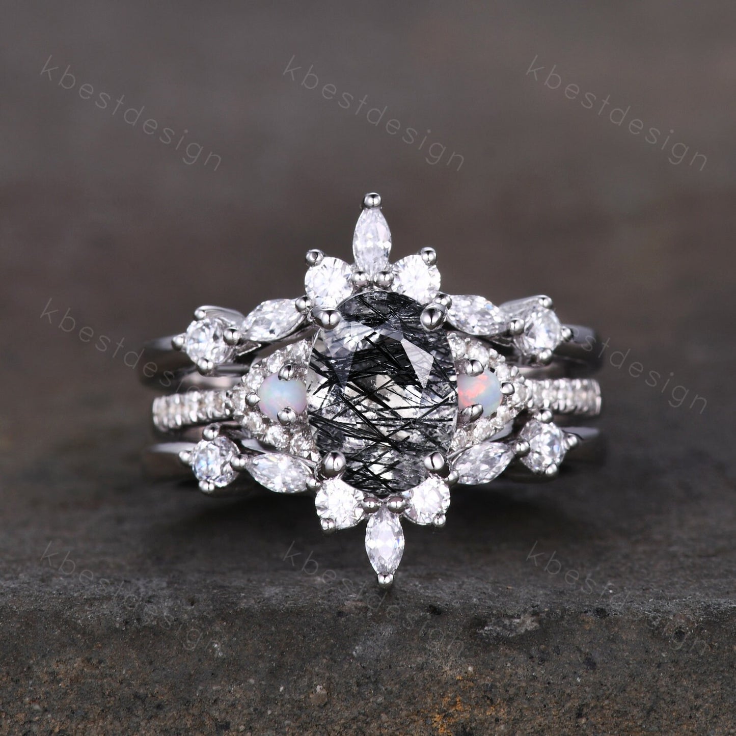 Vintage Moss Agate Engagement Ring Set Oval Engagement Ring Vintage Marquise cut Diamond Cluster ring Unique Bridal Set Promise Gift