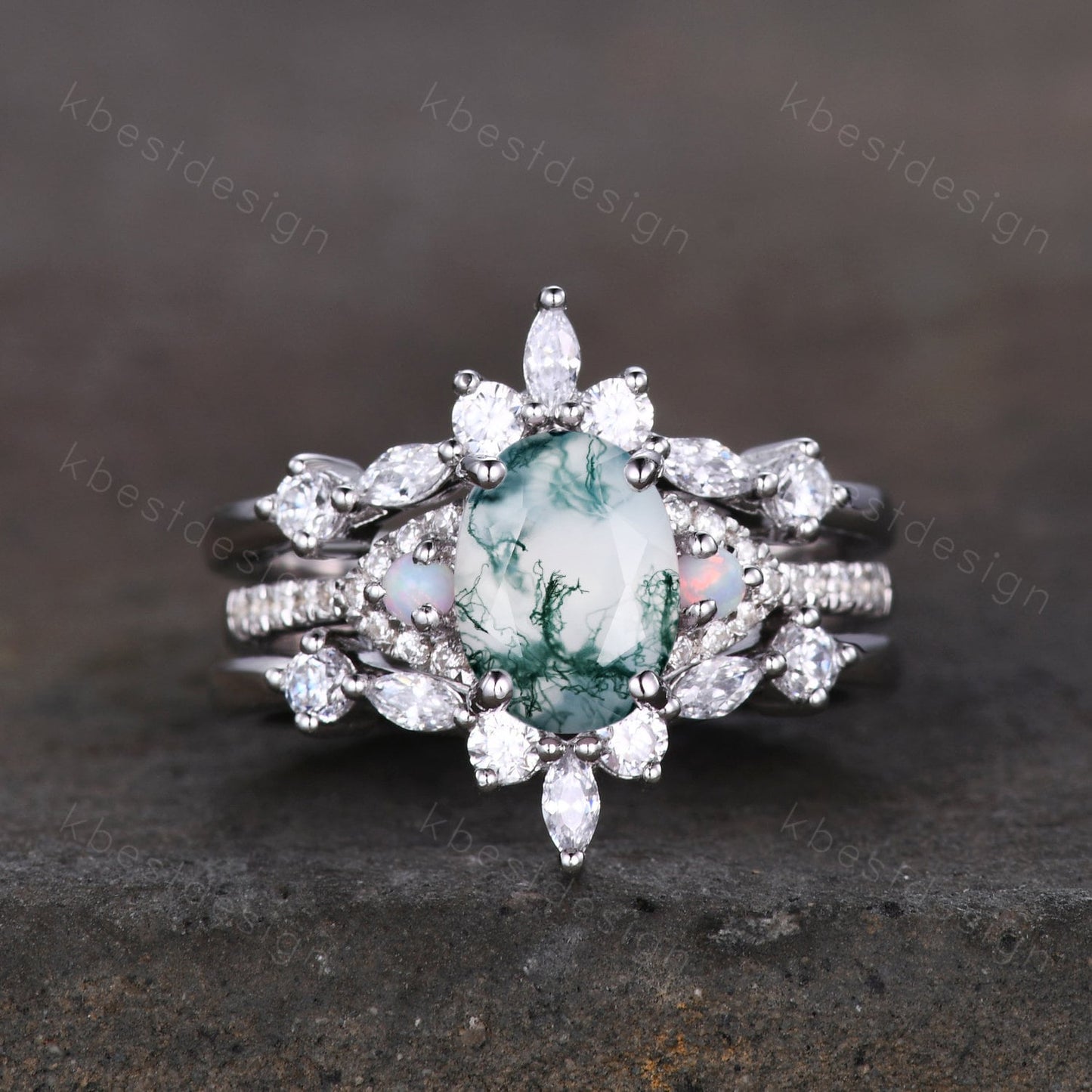 Vintage Moss Agate Engagement Ring Set Oval Engagement Ring Vintage Marquise cut Diamond Cluster ring Unique Bridal Set Promise Gift