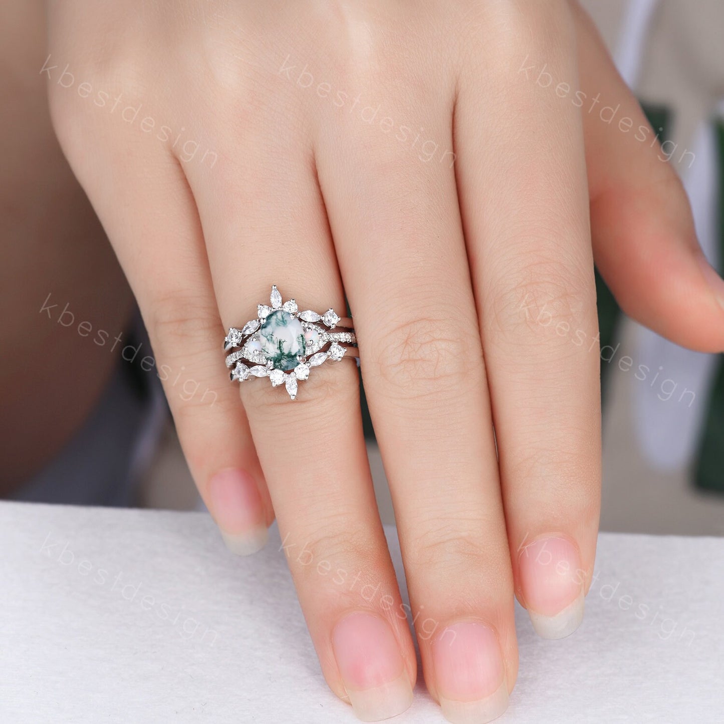 Vintage Moss Agate Engagement Ring Set Oval Engagement Ring Vintage Marquise cut Diamond Cluster ring Unique Bridal Set Promise Gift