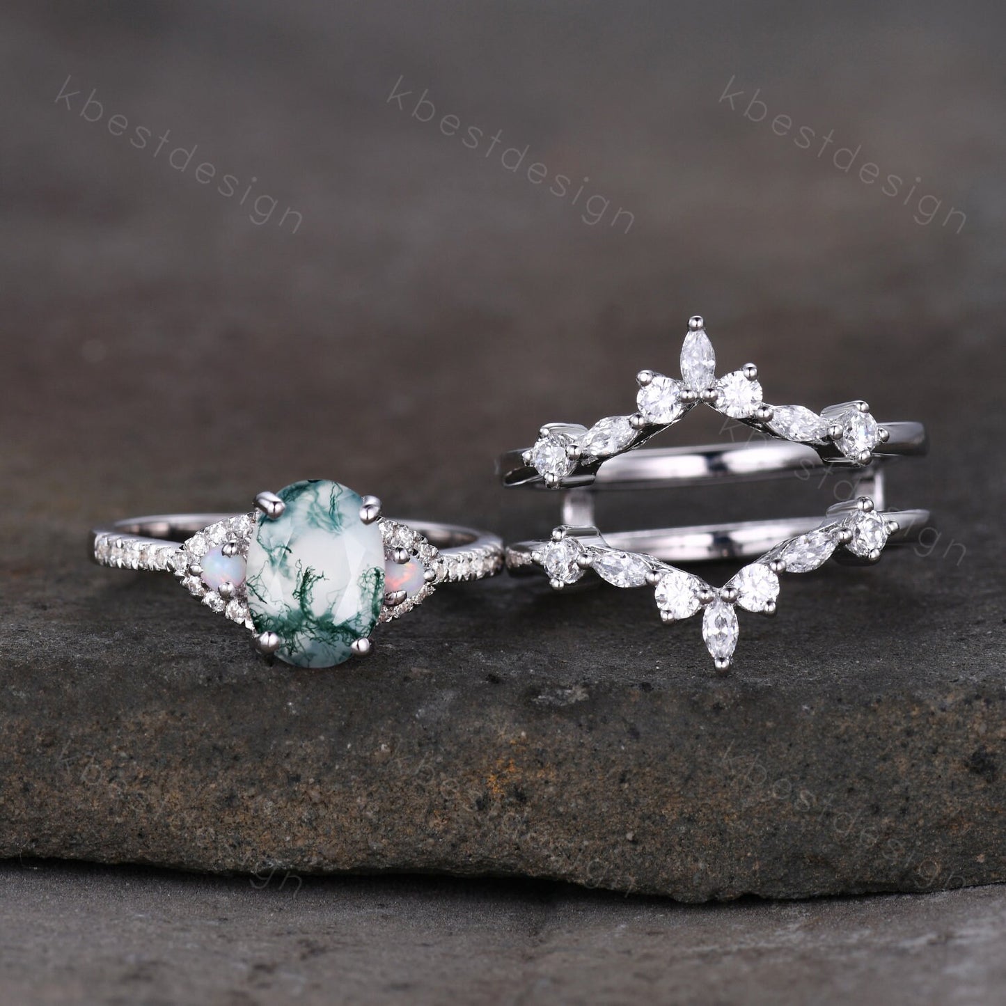 Vintage Moss Agate Engagement Ring Set Oval Engagement Ring Vintage Marquise cut Diamond Cluster ring Unique Bridal Set Promise Gift