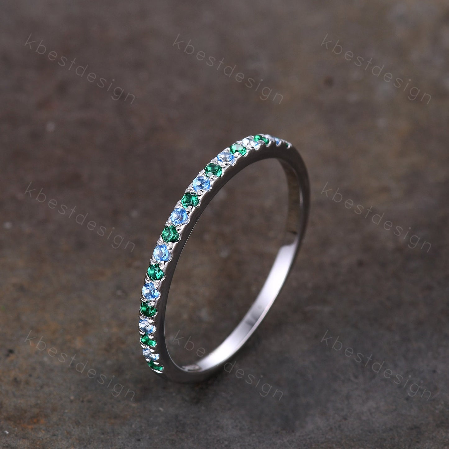 Half Eternity Emerald Blue Topaz Wedding Ring, 925 Sterling Silver Ring, Emerald Pave Wedding Band, Minimalist Ring, Anniversary Gift