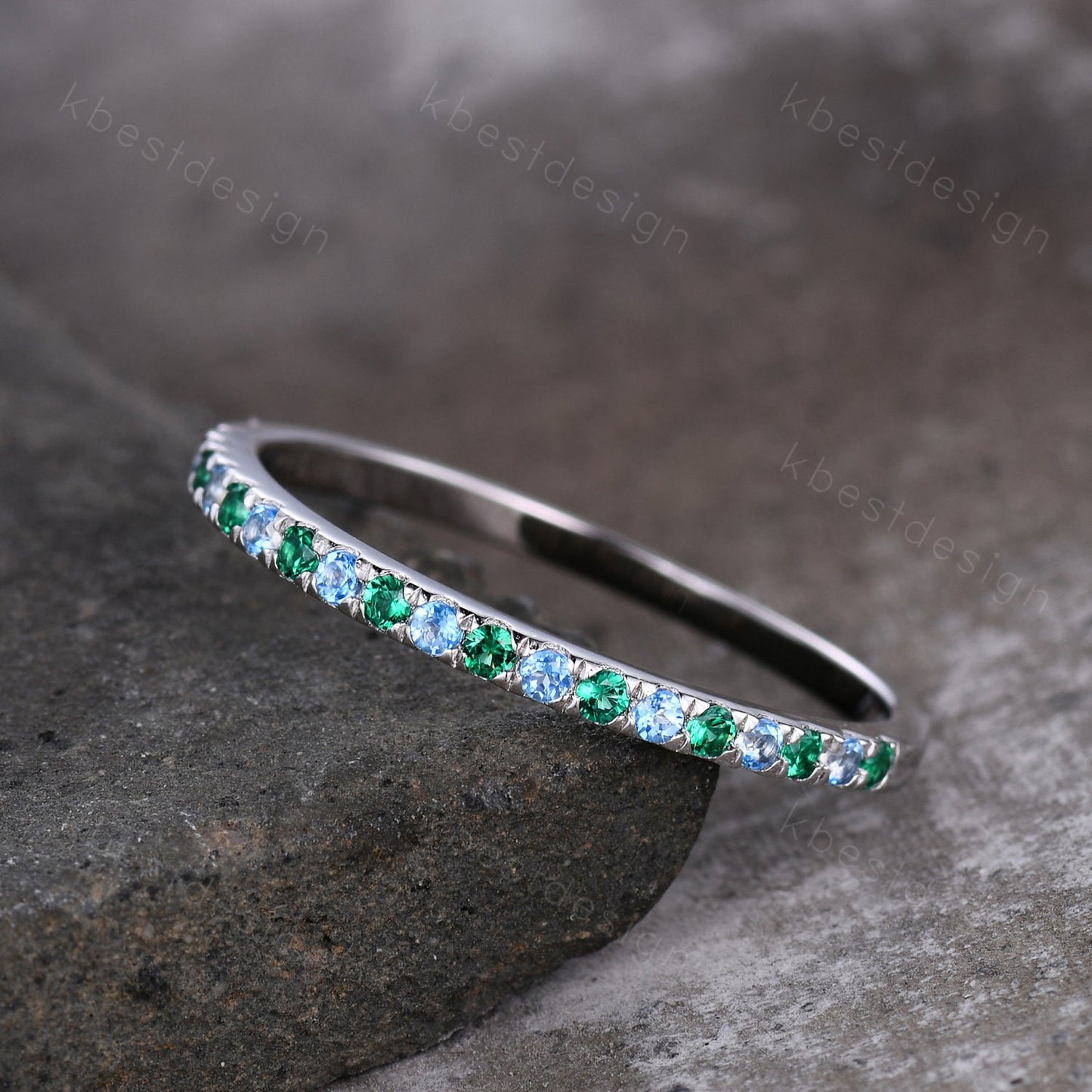 Half Eternity Emerald Blue Topaz Wedding Ring, 925 Sterling Silver Ring, Emerald Pave Wedding Band, Minimalist Ring, Anniversary Gift