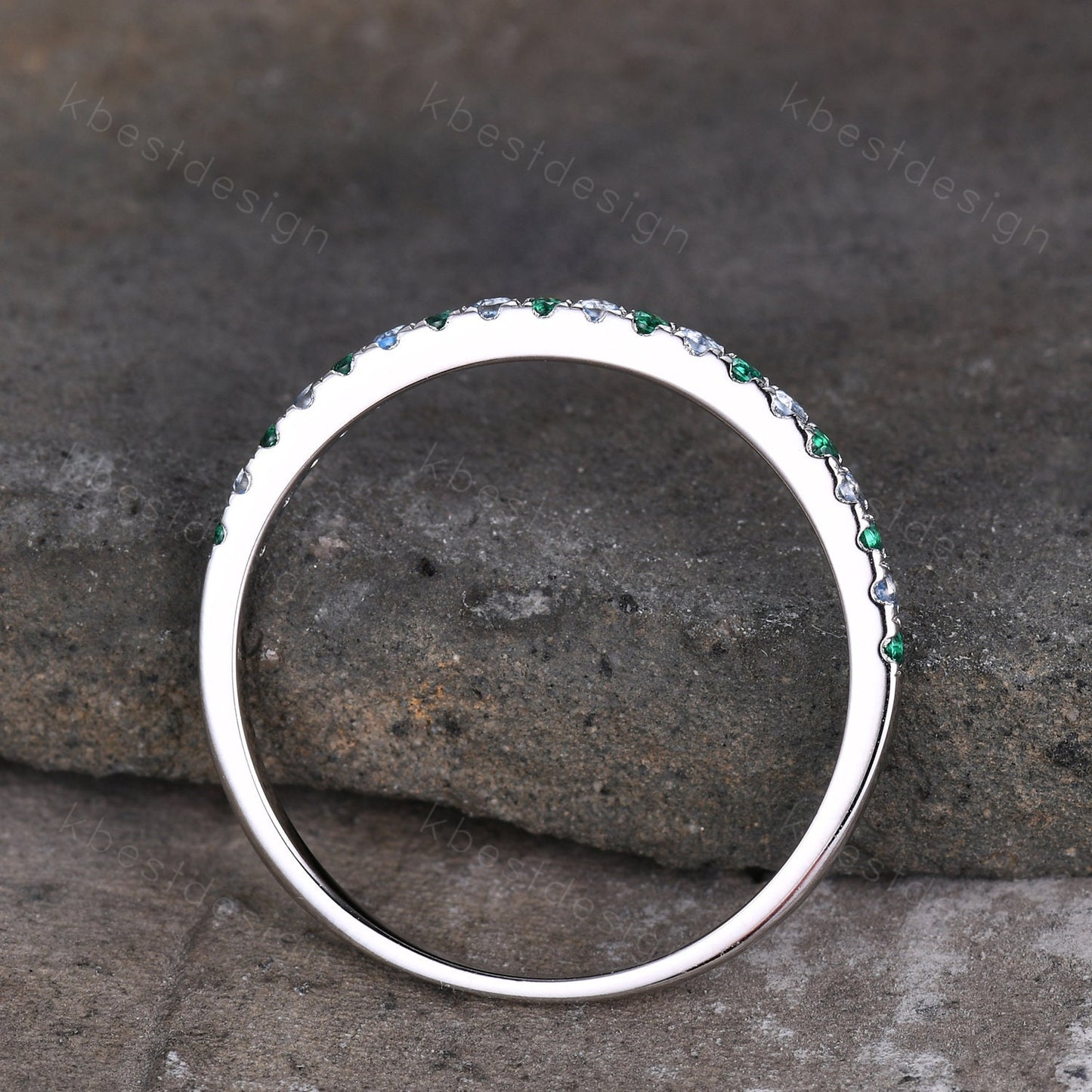 Half Eternity Emerald Blue Topaz Wedding Ring, 925 Sterling Silver Ring, Emerald Pave Wedding Band, Minimalist Ring, Anniversary Gift