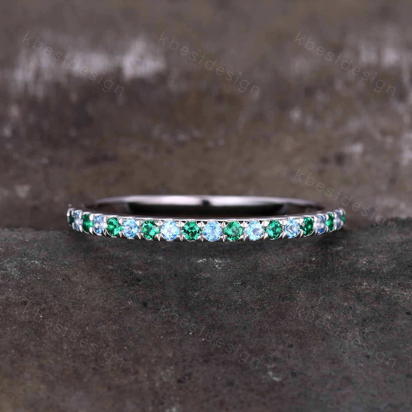 Half Eternity Emerald Blue Topaz Wedding Ring, 925 Sterling Silver Ring, Emerald Pave Wedding Band, Minimalist Ring, Anniversary Gift