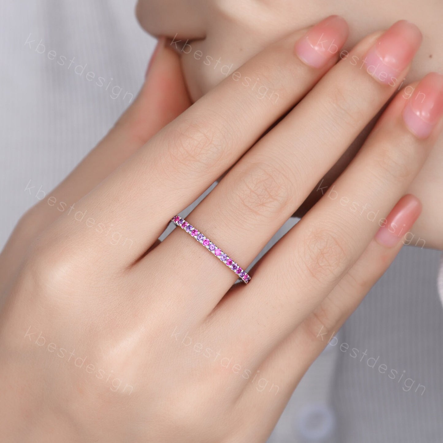 Half Eternity Wedding Band 1.5mm Ruby and Amethyst Wedding Band White Gold Ring July Birthstone Ring Pave Band Minimalist Stacking Band