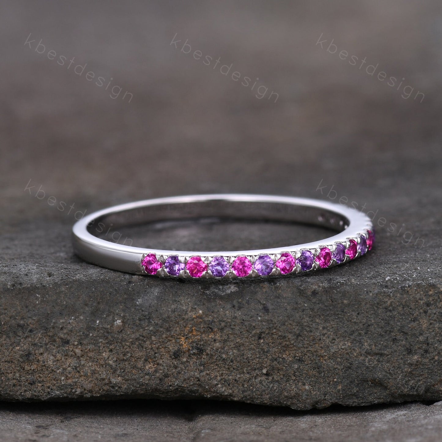 Half Eternity Wedding Band 1.5mm Ruby and Amethyst Wedding Band White Gold Ring July Birthstone Ring Pave Band Minimalist Stacking Band
