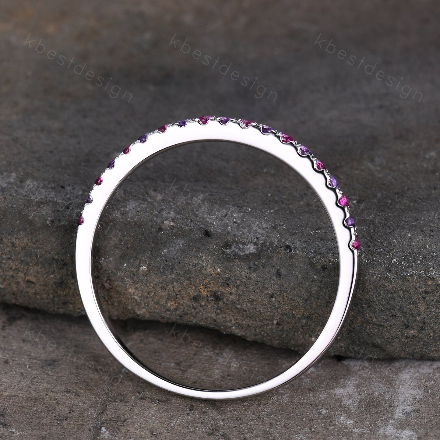 Half Eternity Wedding Band 1.5mm Ruby and Amethyst Wedding Band White Gold Ring July Birthstone Ring Pave Band Minimalist Stacking Band