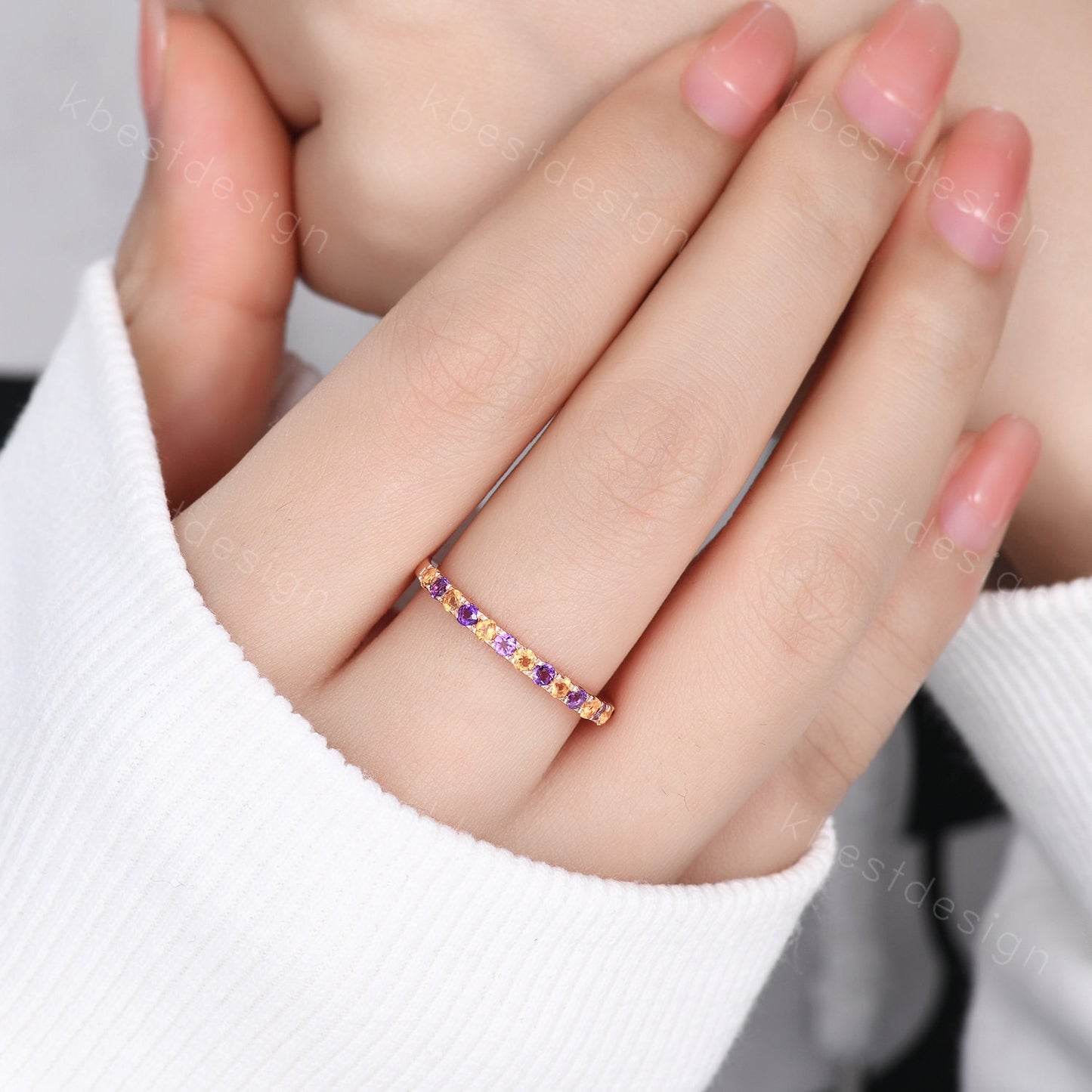 Half Eternity Amethyst Wedding Band 2mm Amethyst & Citrine Wedding Band Rose Gold Ring Dainty Stacking Band November Birthstone Ring
