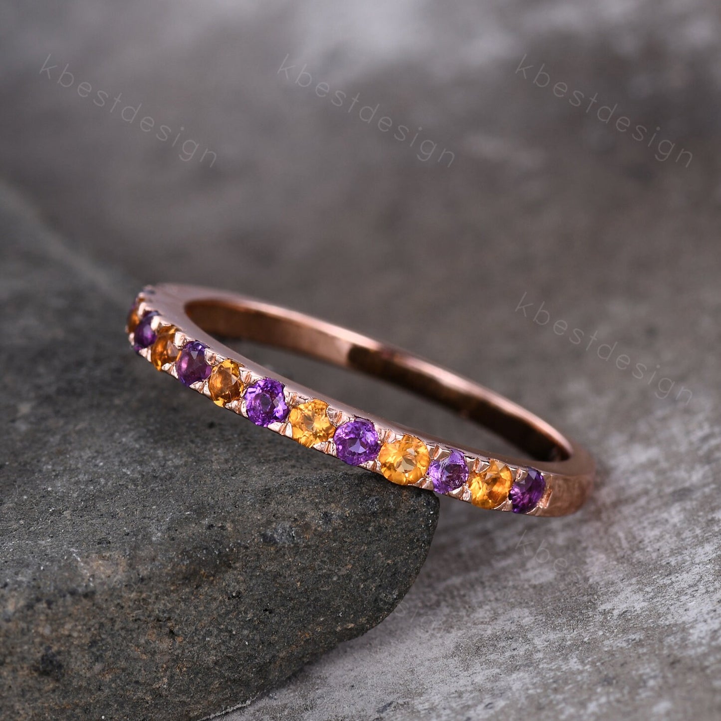 Half Eternity Amethyst Wedding Band 2mm Amethyst & Citrine Wedding Band Rose Gold Ring Dainty Stacking Band November Birthstone Ring