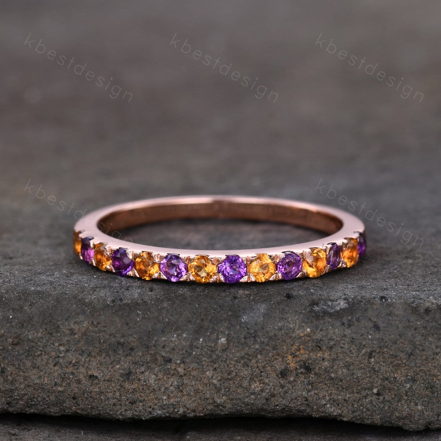 Half Eternity Amethyst Wedding Band 2mm Amethyst & Citrine Wedding Band Rose Gold Ring Dainty Stacking Band November Birthstone Ring