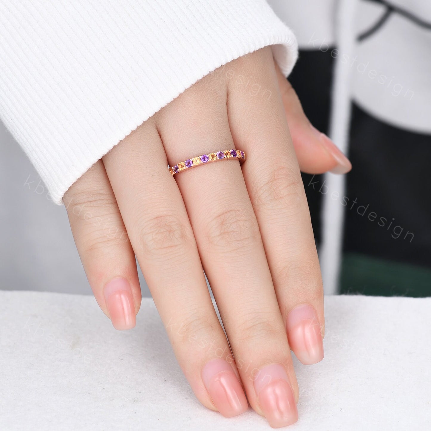 Half Eternity Amethyst Wedding Band 2mm Amethyst & Citrine Wedding Band Rose Gold Ring Dainty Stacking Band November Birthstone Ring