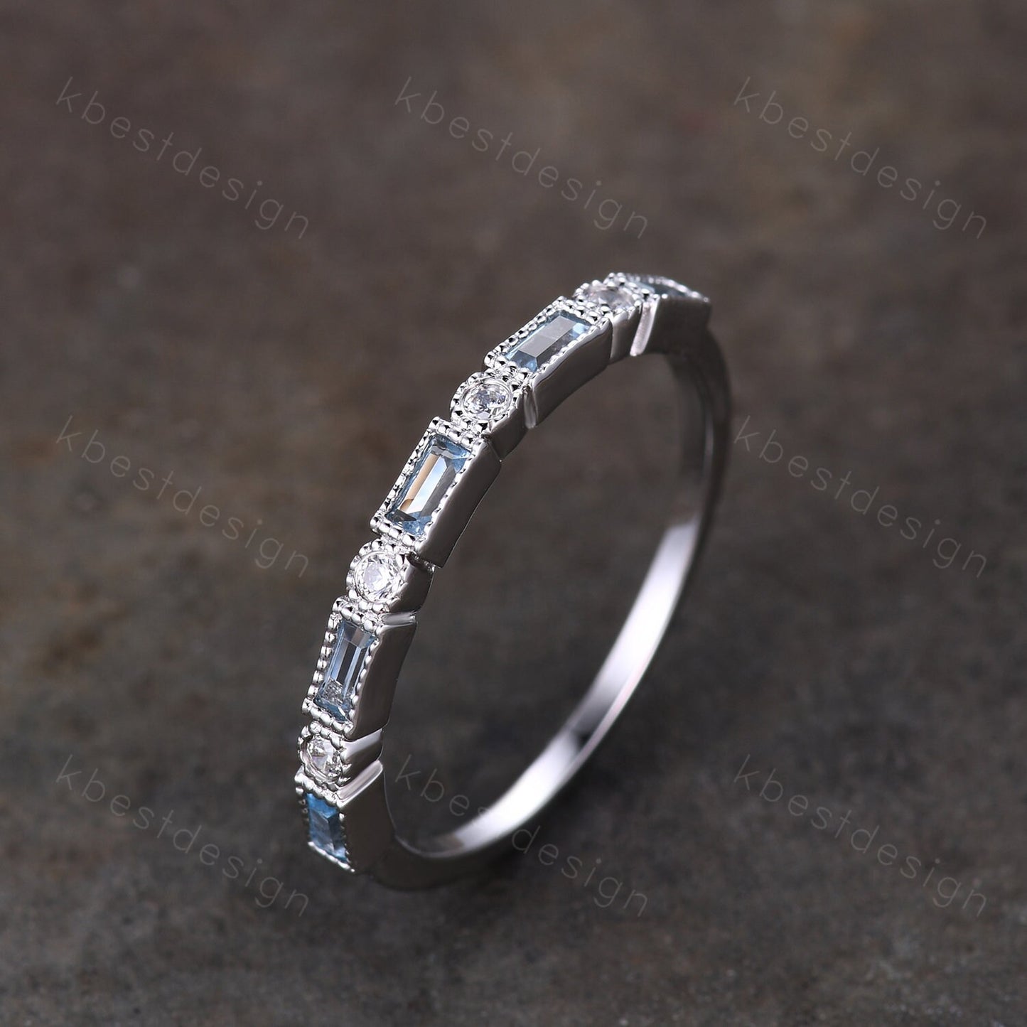 Blue Topaz Wedding Band, Half Eternity Baguette Band, White Gold Band, Art Deco Stacking Band, Anniversary Gift, December Birthstone Ring