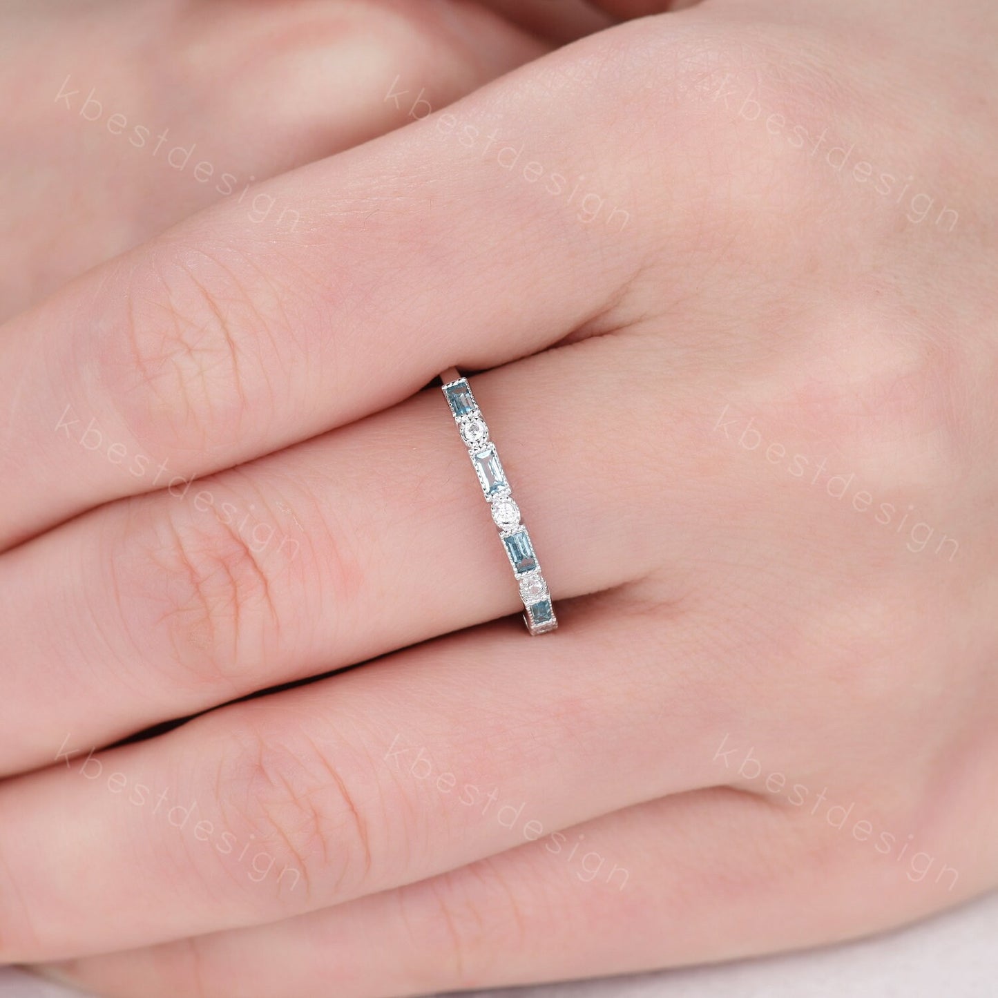 Blue Topaz Wedding Band, Half Eternity Baguette Band, White Gold Band, Art Deco Stacking Band, Anniversary Gift, December Birthstone Ring