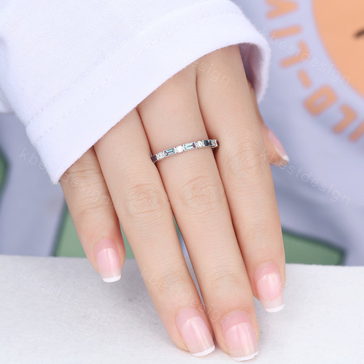 Alexandrite Ring Half Eternity Wedding Band White Gold Art Deco Baguette Stacking Band Anniversary Ring June Birthstone Ring Women Gift