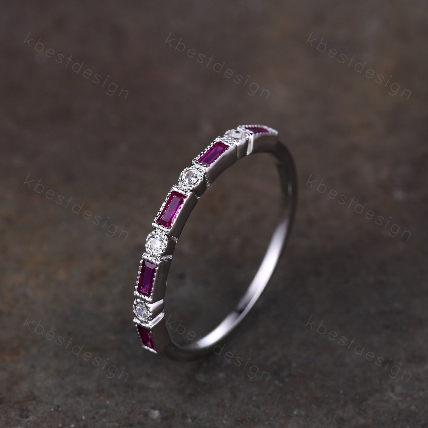 Ruby wedding band 14k white gold band art deco baguette band half eternity stacking matching band Vintage bridal anniversary ring