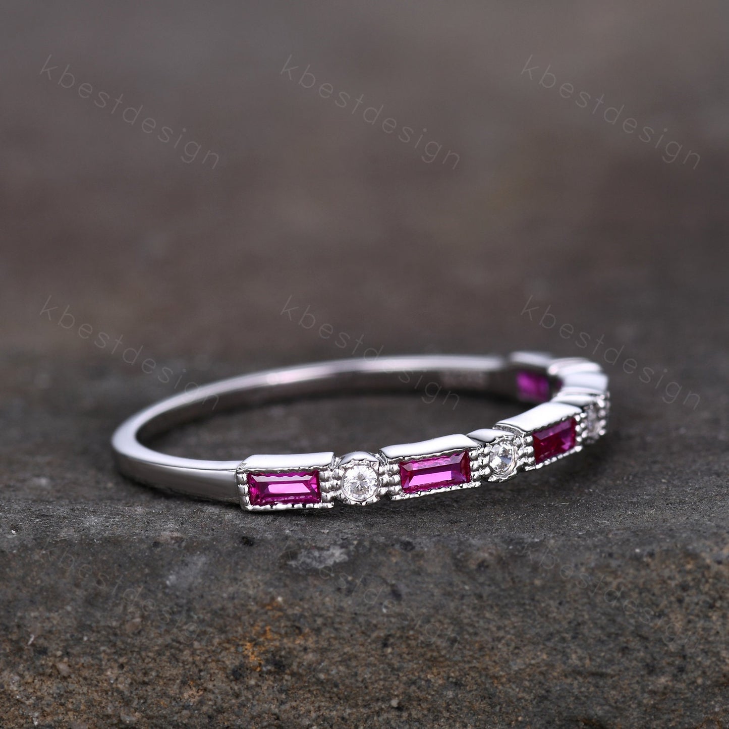 Ruby wedding band 14k white gold band art deco baguette band half eternity stacking matching band Vintage bridal anniversary ring