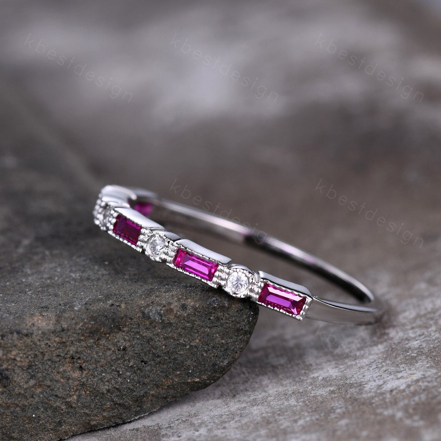 Ruby wedding band 14k white gold band art deco baguette band half eternity stacking matching band Vintage bridal anniversary ring