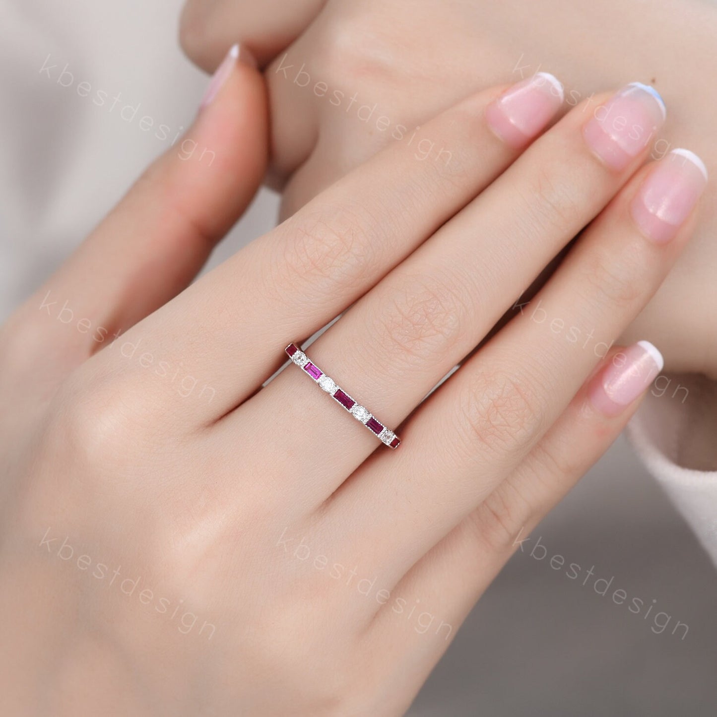 Ruby wedding band 14k white gold band art deco baguette band half eternity stacking matching band Vintage bridal anniversary ring
