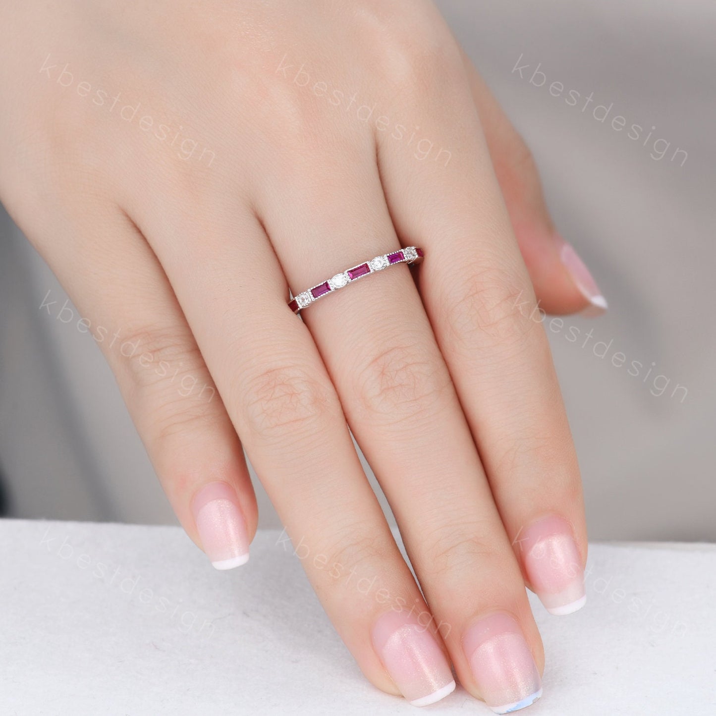 Ruby wedding band 14k white gold band art deco baguette band half eternity stacking matching band Vintage bridal anniversary ring