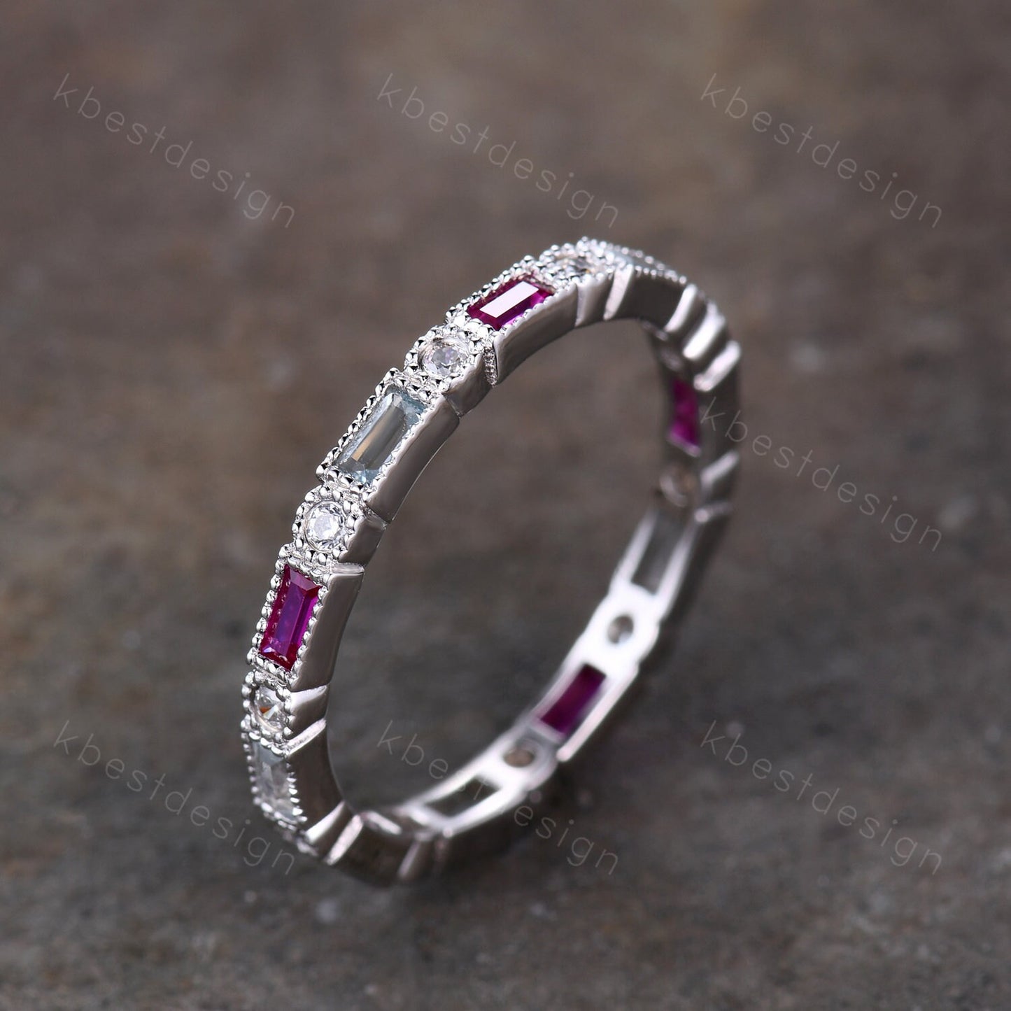 Baguette Ruby Eternity Band, Ruby and Aquamarine Wedding Band, Art Deco Stacking Band, July Birthstone Ring, Anniversary Gift, White Gold