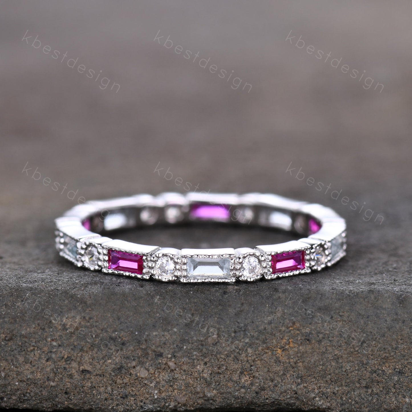 Baguette Ruby Eternity Band, Ruby and Aquamarine Wedding Band, Art Deco Stacking Band, July Birthstone Ring, Anniversary Gift, White Gold