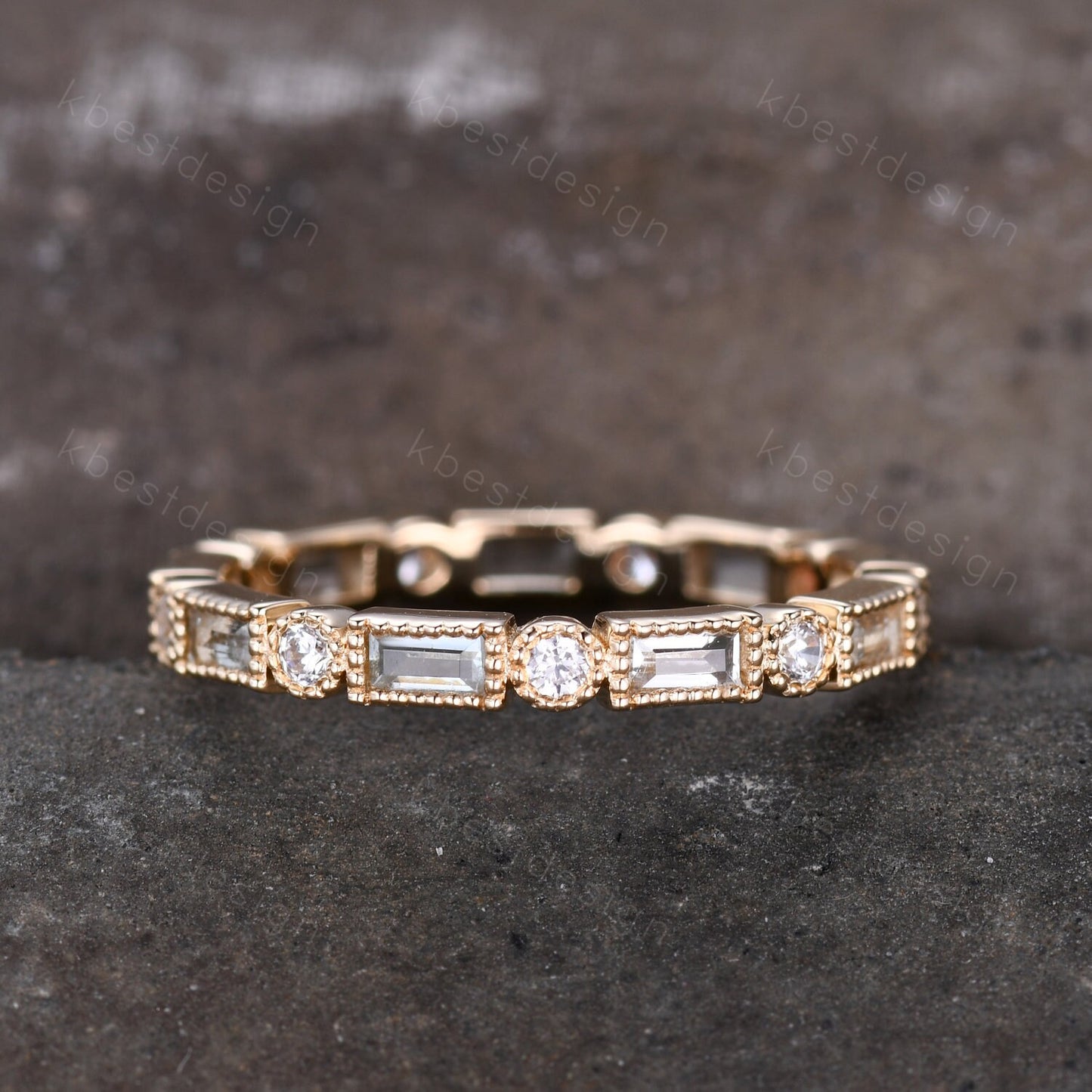 14K Gold Aquamarine Wedding Band, Baguette Aquamarine Eternity band, Art deco Milgrain Wedding Band, March Birthstone Ring, Gift for Her