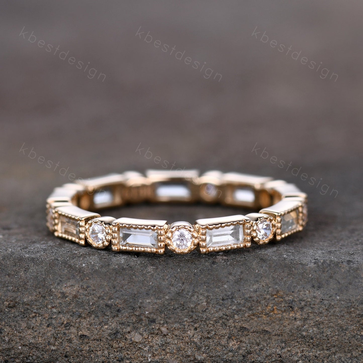 14K Gold Aquamarine Wedding Band, Baguette Aquamarine Eternity band, Art deco Milgrain Wedding Band, March Birthstone Ring, Gift for Her