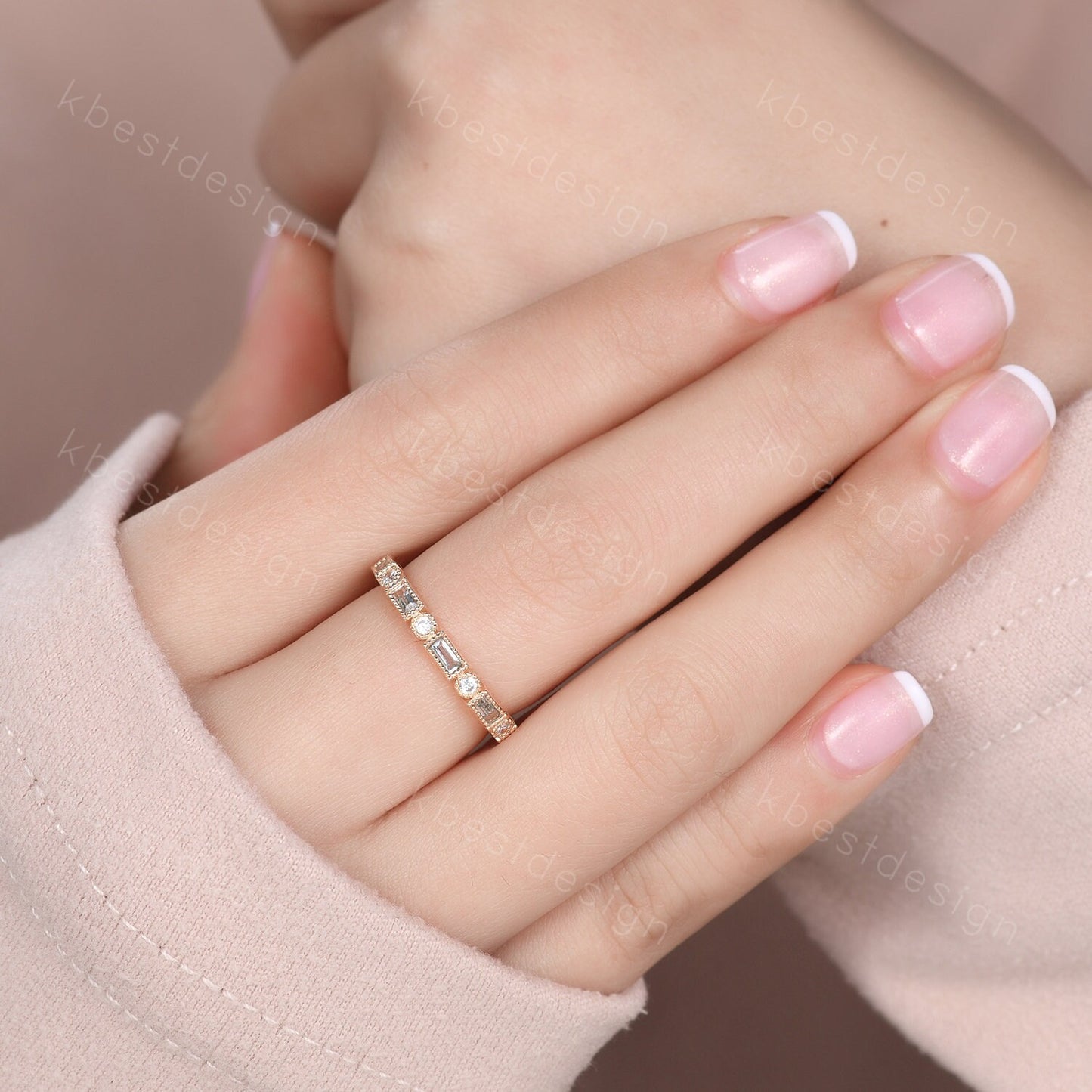 14K Gold Aquamarine Wedding Band, Baguette Aquamarine Eternity band, Art deco Milgrain Wedding Band, March Birthstone Ring, Gift for Her