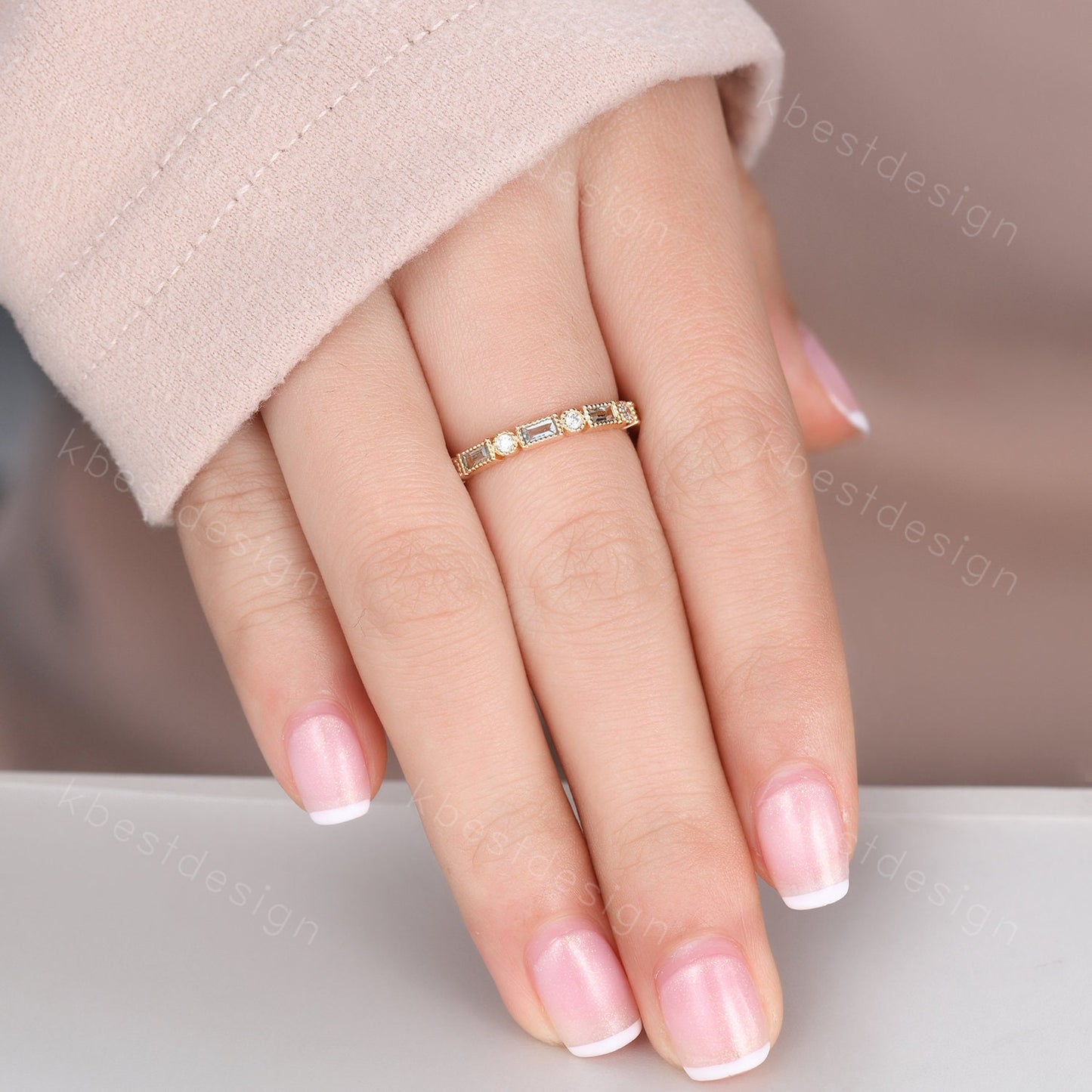 14K Gold Aquamarine Wedding Band, Baguette Aquamarine Eternity band, Art deco Milgrain Wedding Band, March Birthstone Ring, Gift for Her
