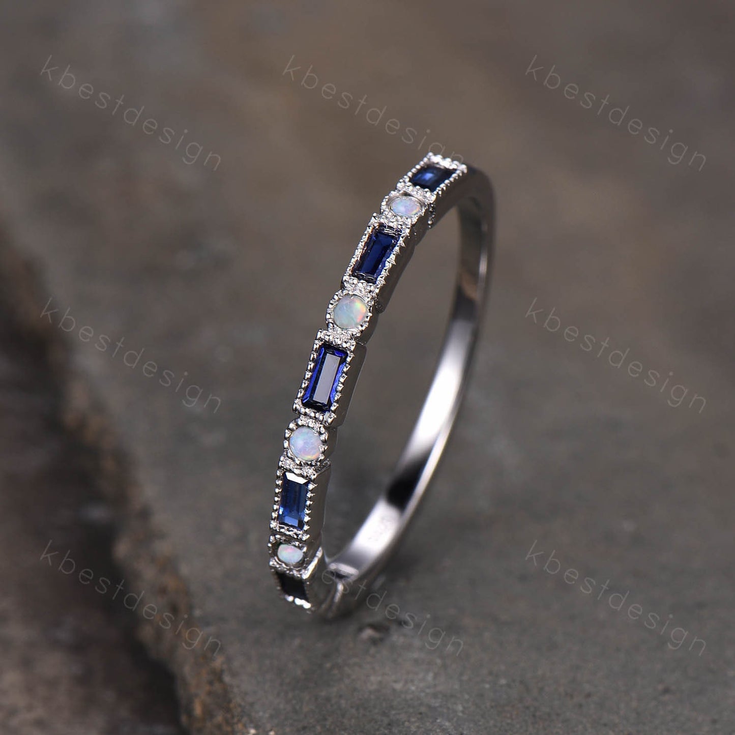 Sapphire and Opal Ring, Baguette Sapphire Ring, Half Eternity Stacking Ring, Silver Ring, Women's Wedding Ring, September Birthstone Ring