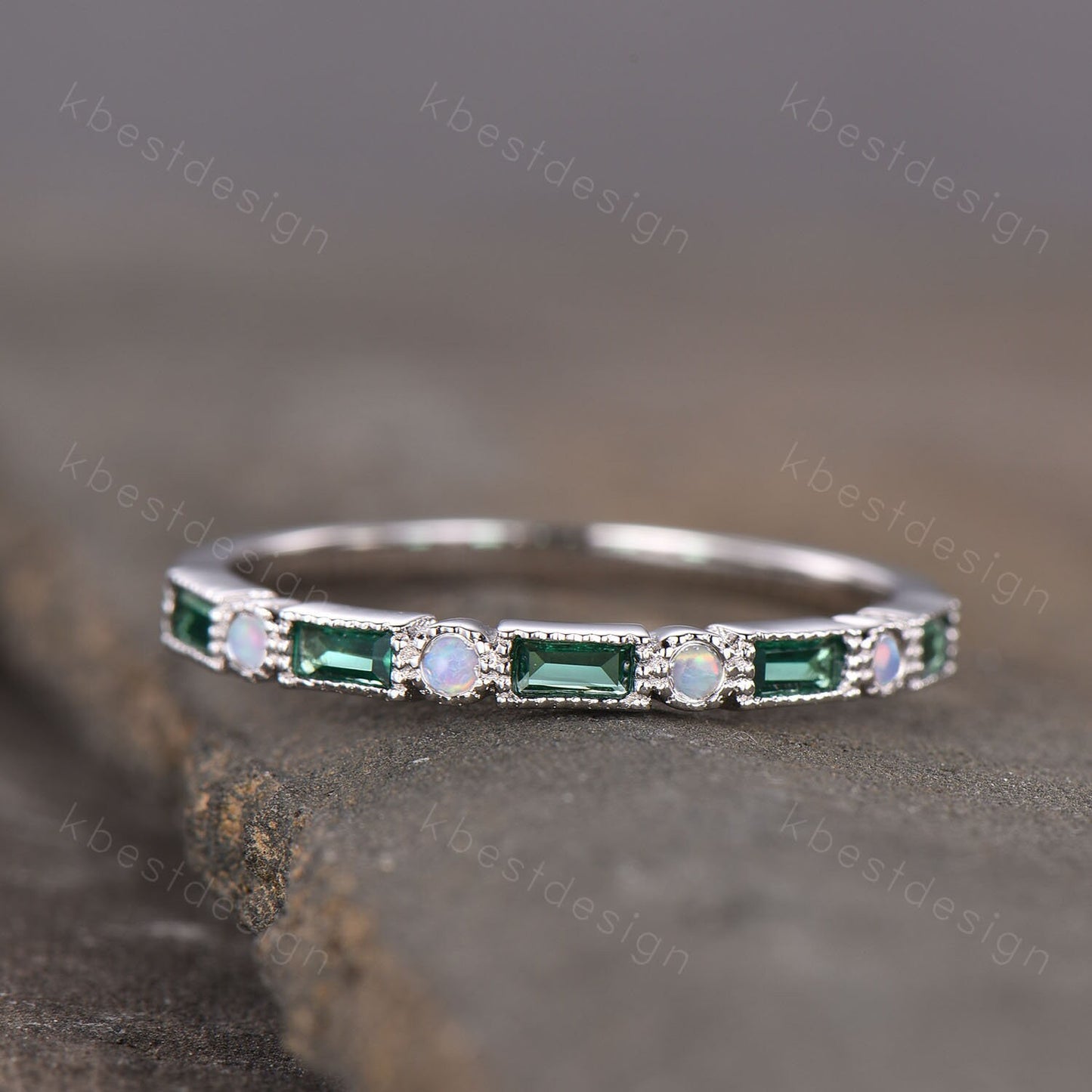 Emerald Opal Wedding Band, Half Eternity Band, Baguette Stacking Band, Opal Ring, Sterling Silver Ring, Anniversary Ring, May Birthstone