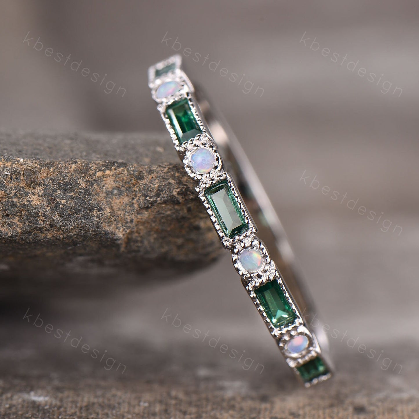 Emerald Opal Wedding Band, Half Eternity Band, Baguette Stacking Band, Opal Ring, Sterling Silver Ring, Anniversary Ring, May Birthstone