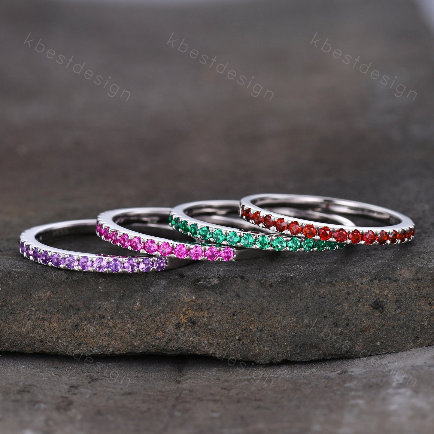 Half Eternity Wedding Band, Emerald Band, Ruby Ring, Gemstone Band, Birthstone Ring, Pave Stacking Band, Gift for her, Sterling Silver Ring