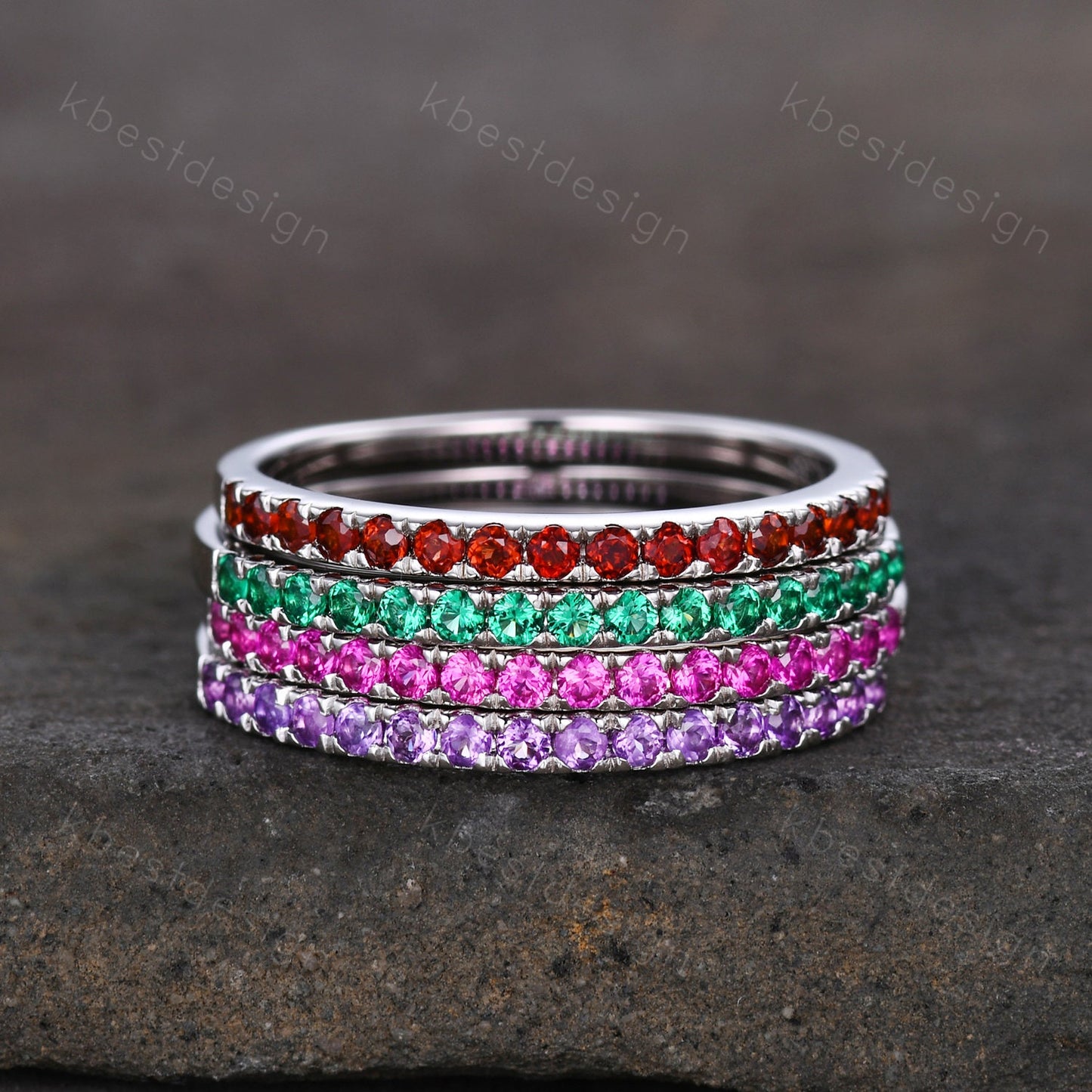Half Eternity Wedding Band, Emerald Band, Ruby Ring, Gemstone Band, Birthstone Ring, Pave Stacking Band, Gift for her, Sterling Silver Ring