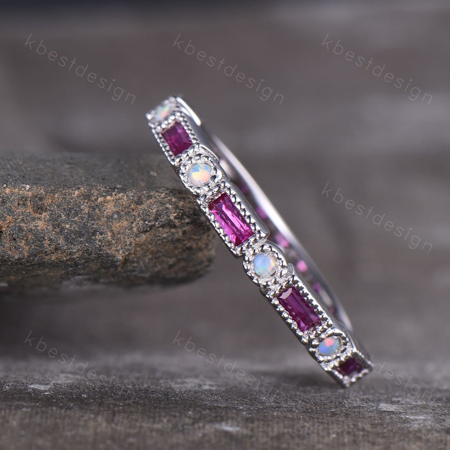 Ruby Opal Wedding Band Half Eternity Baguette Band Art Deco Stacking Wedding Ring Anniversary Ring Sterling Silver Ring July Birthstone Ring