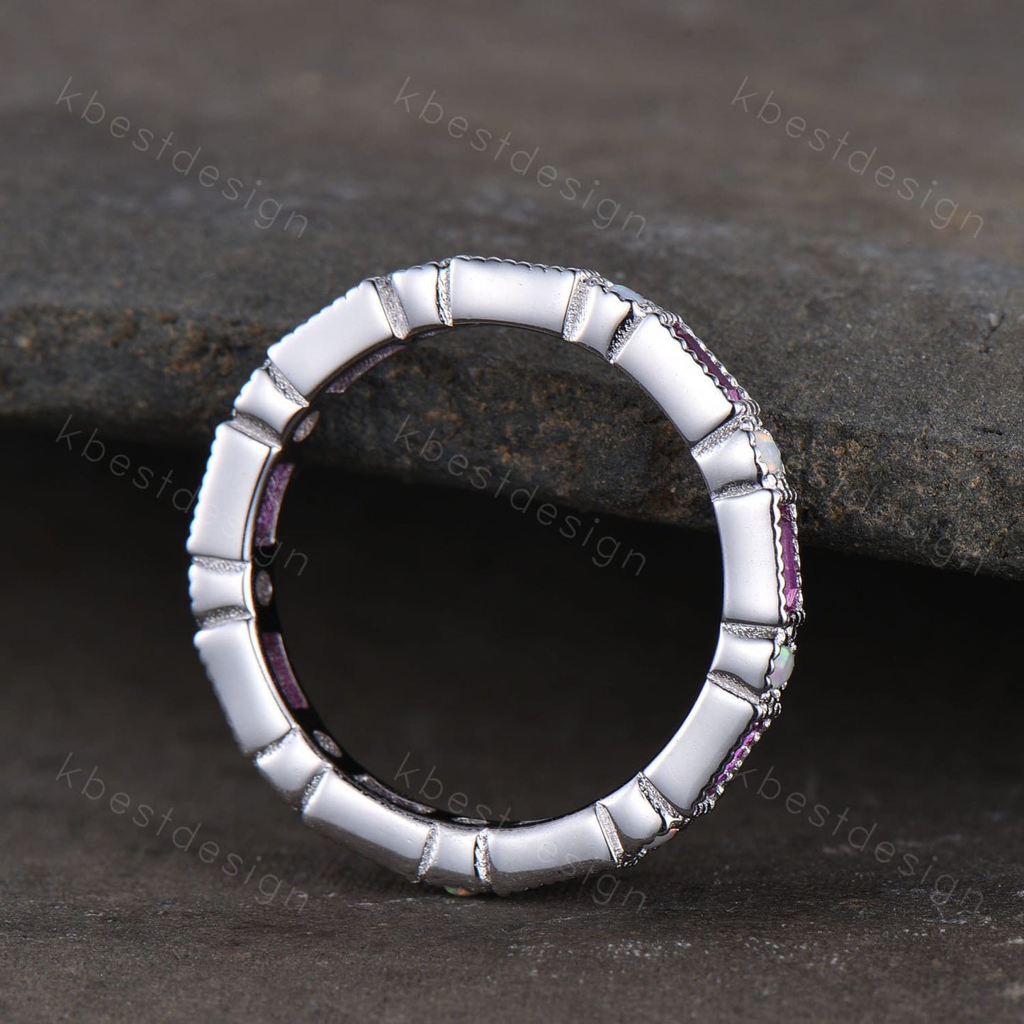 Eternity Ruby Opal Wedding Band, Baguette Ruby Wedding Band, Art Deco Stacking Matching Ring, Anniversary Ring, July Birthstone Ring