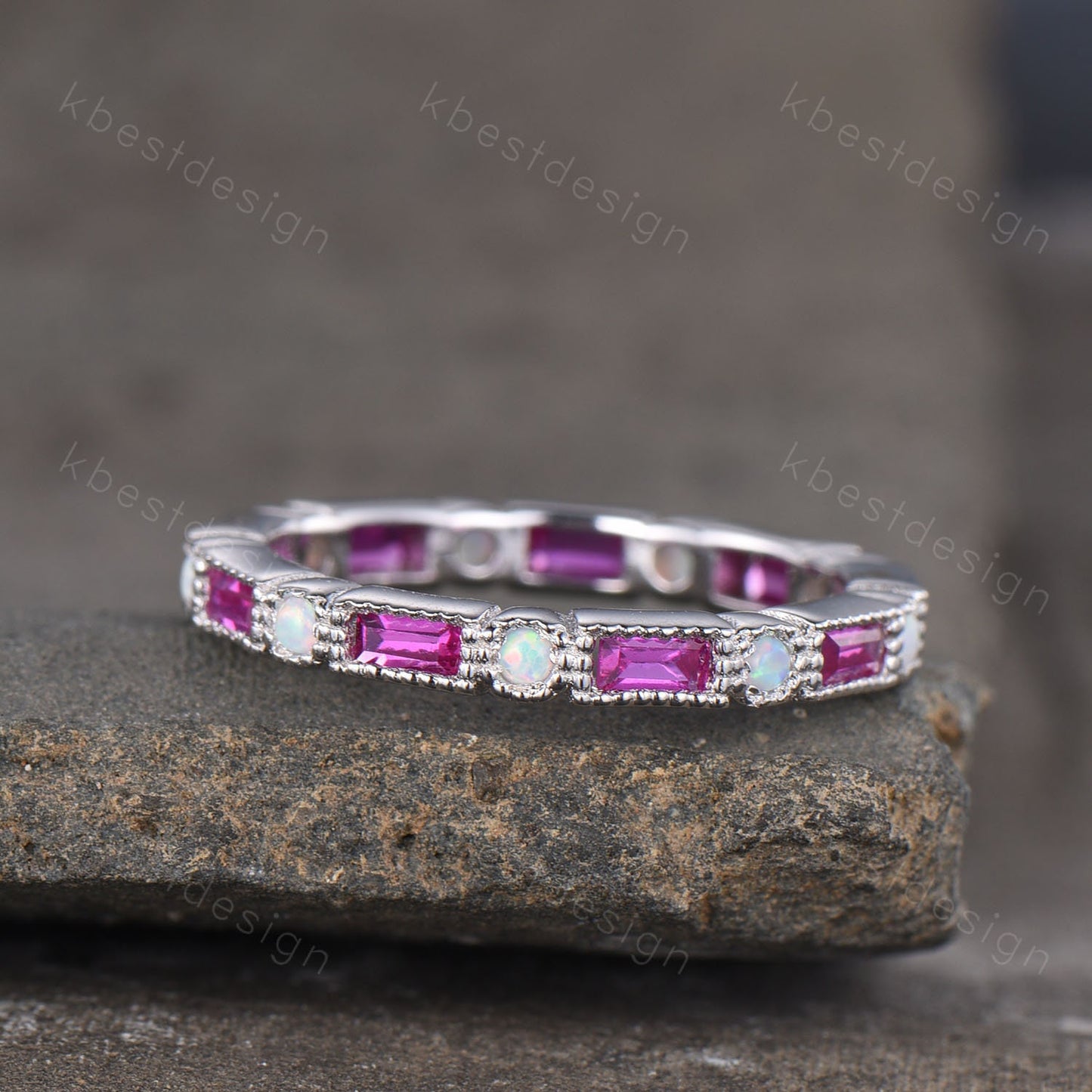 Eternity Ruby Opal Wedding Band, Baguette Ruby Wedding Band, Art Deco Stacking Matching Ring, Anniversary Ring, July Birthstone Ring