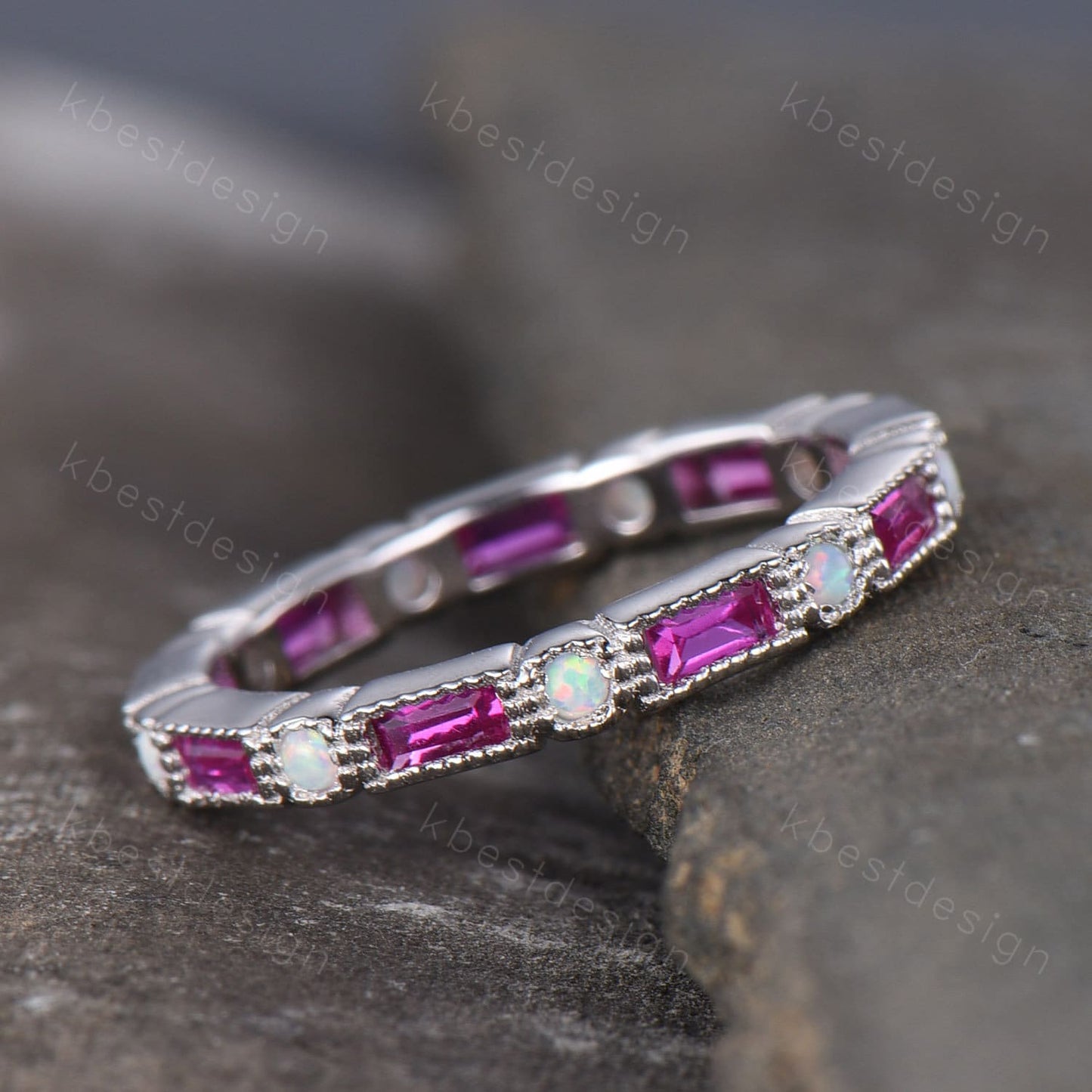 Eternity Ruby Opal Wedding Band, Baguette Ruby Wedding Band, Art Deco Stacking Matching Ring, Anniversary Ring, July Birthstone Ring