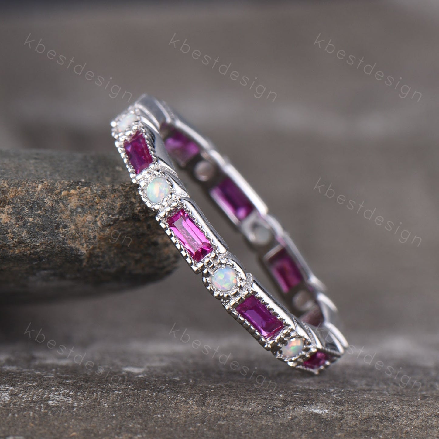Eternity Ruby Opal Wedding Band, Baguette Ruby Wedding Band, Art Deco Stacking Matching Ring, Anniversary Ring, July Birthstone Ring