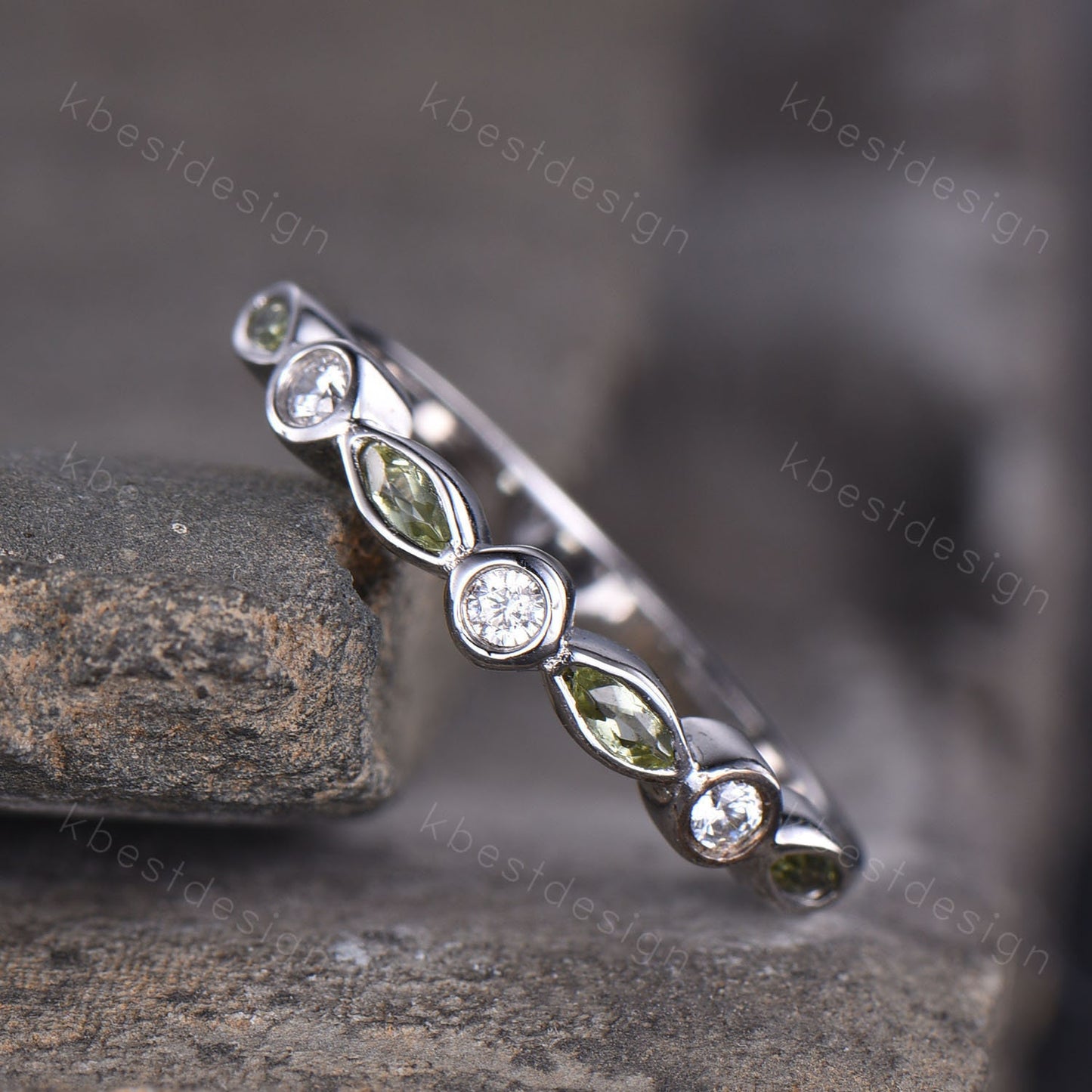 Half Eternity Peridot Wedding Band, White Gold Ring, Marquise cut Peridot Wedding Ring, Moissanite Wedding Band, Anniversary Gift for her