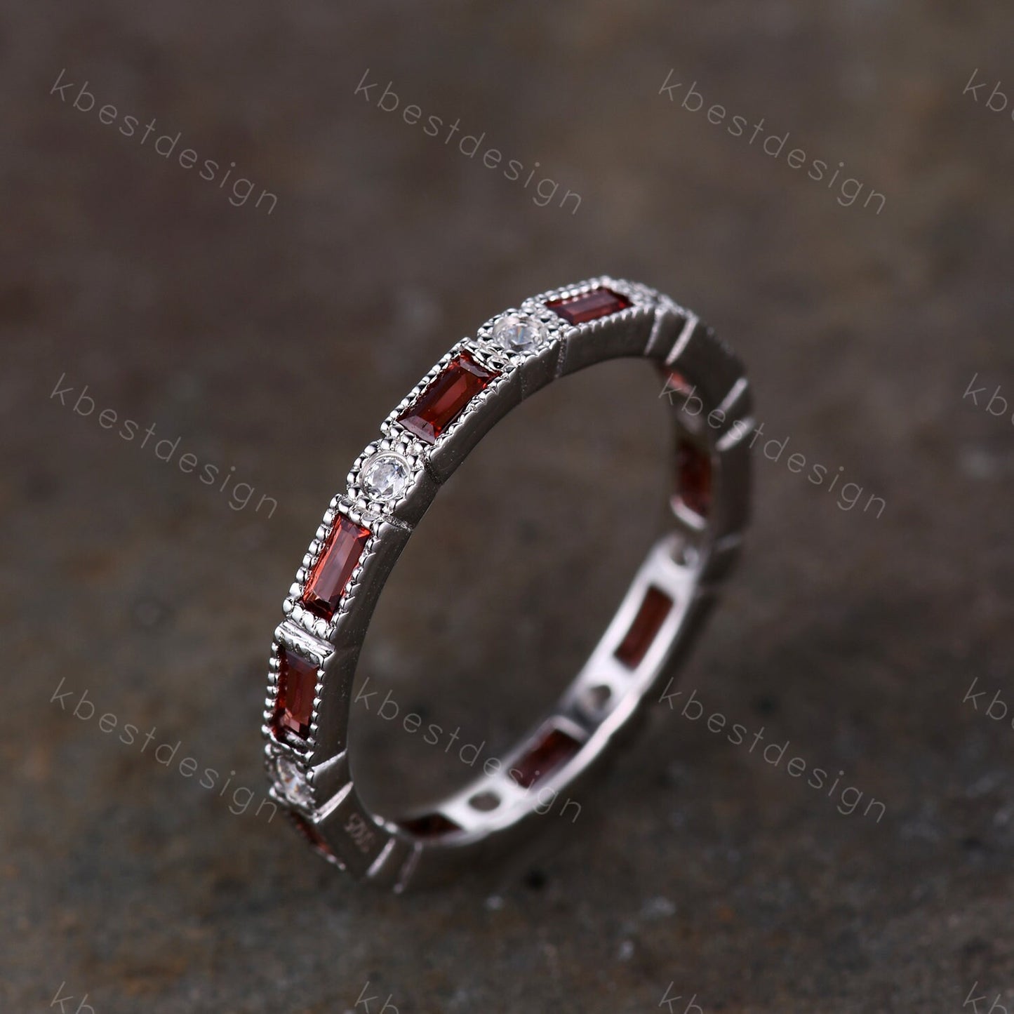 Garnet Ring, Art Deco Eternity Band, Baguette Garnet Wedding Band, January Birthstone Ring, Gemstone Band, Anniversary Gift, White Gold Ring