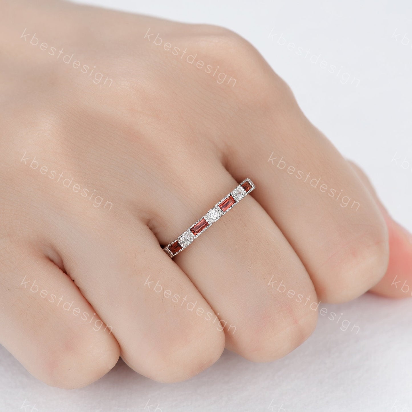 Garnet Ring, Art Deco Eternity Band, Baguette Garnet Wedding Band, January Birthstone Ring, Gemstone Band, Anniversary Gift, White Gold Ring