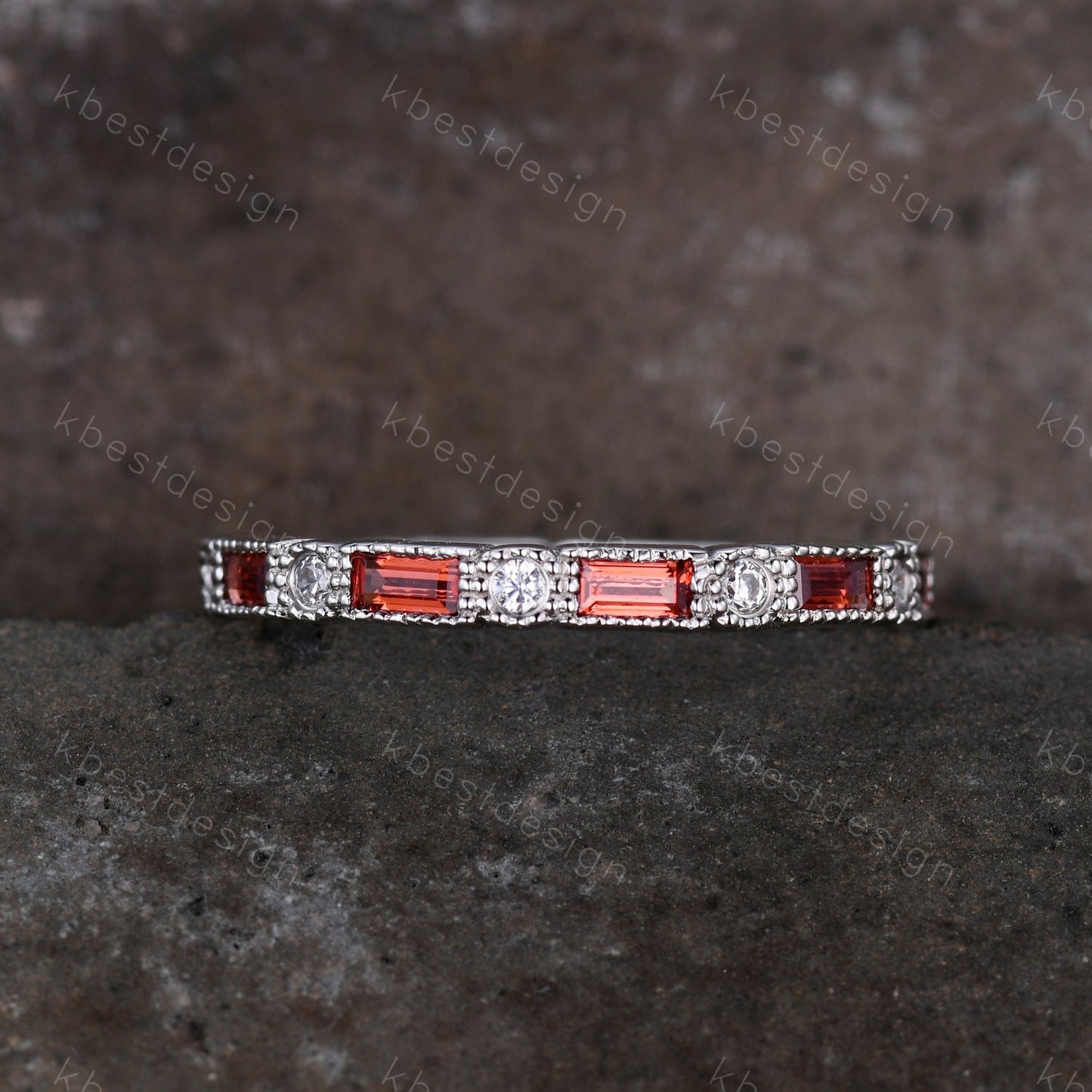 Garnet Ring, Art Deco Eternity Band, Baguette Garnet Wedding Band, January Birthstone Ring, Gemstone Band, Anniversary Gift, White Gold Ring