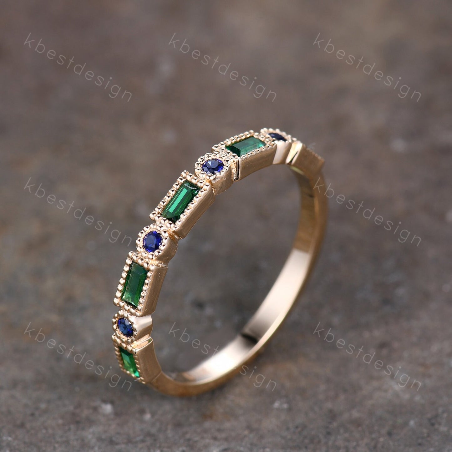 Art Deco Emerald wedding band 14K Gold emerald sapphire wedding band vintage Milgrain band matching Stacking band Anniversary band